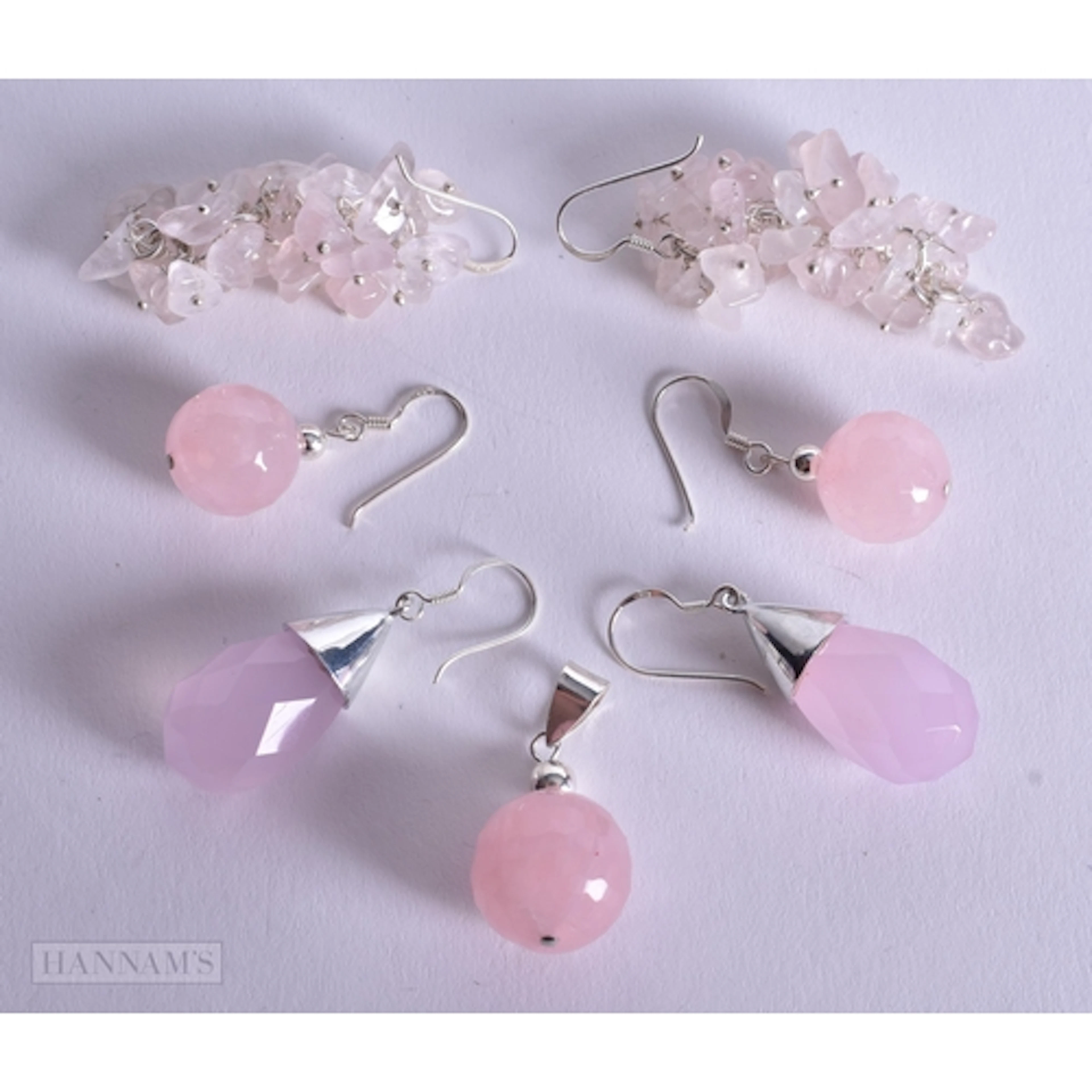 SILVER AND ROSE QUARTZ JEWELLERY. 46 grams. (3)