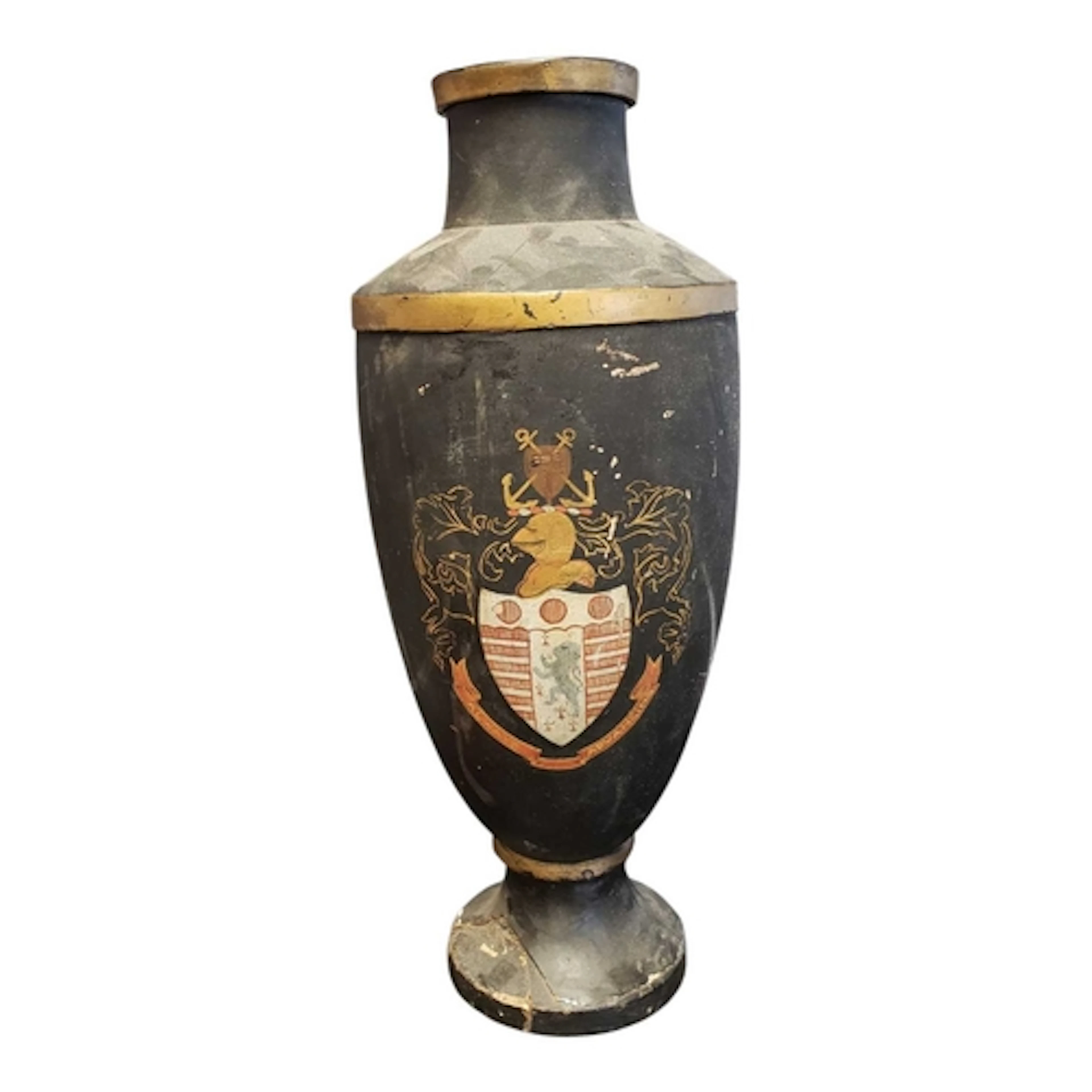 A 19th century toleware urn. The urn having armorial crest t...