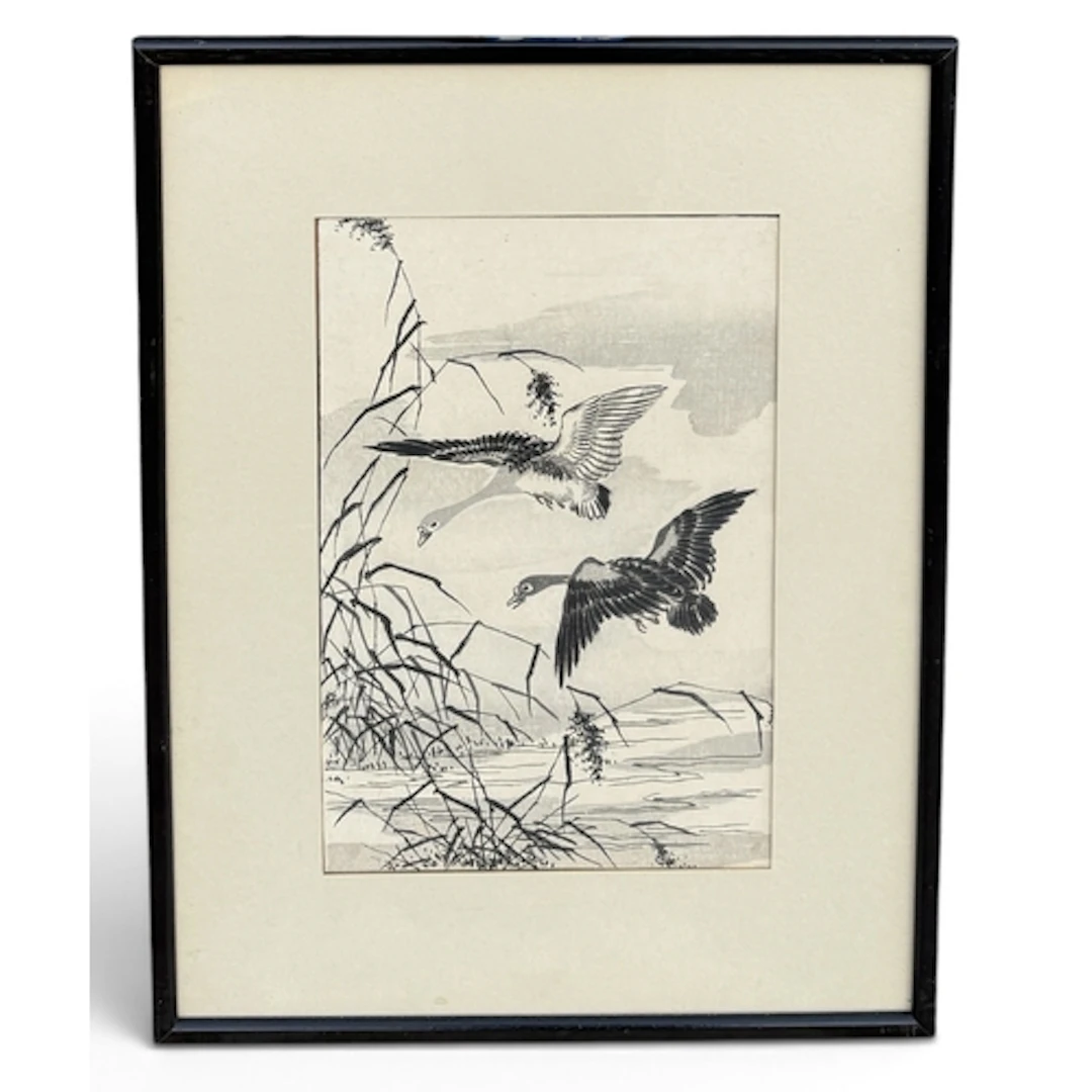 KŌNO BAIREI (JAPANESE, 1844-1895): WILD GEESE OVER REEDS Woo...