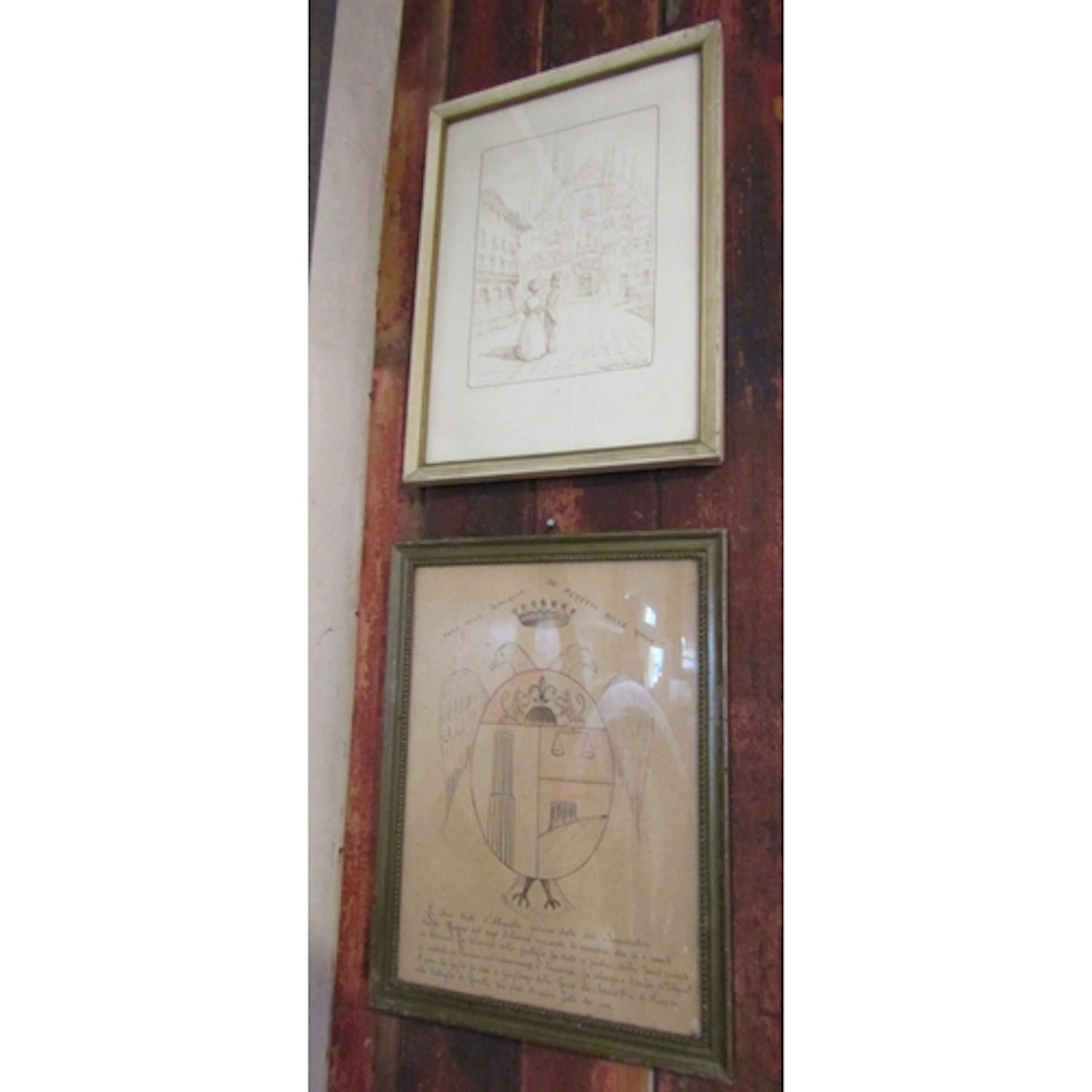Antique Heraldic Drawing and Another of Couple with Town Sce...