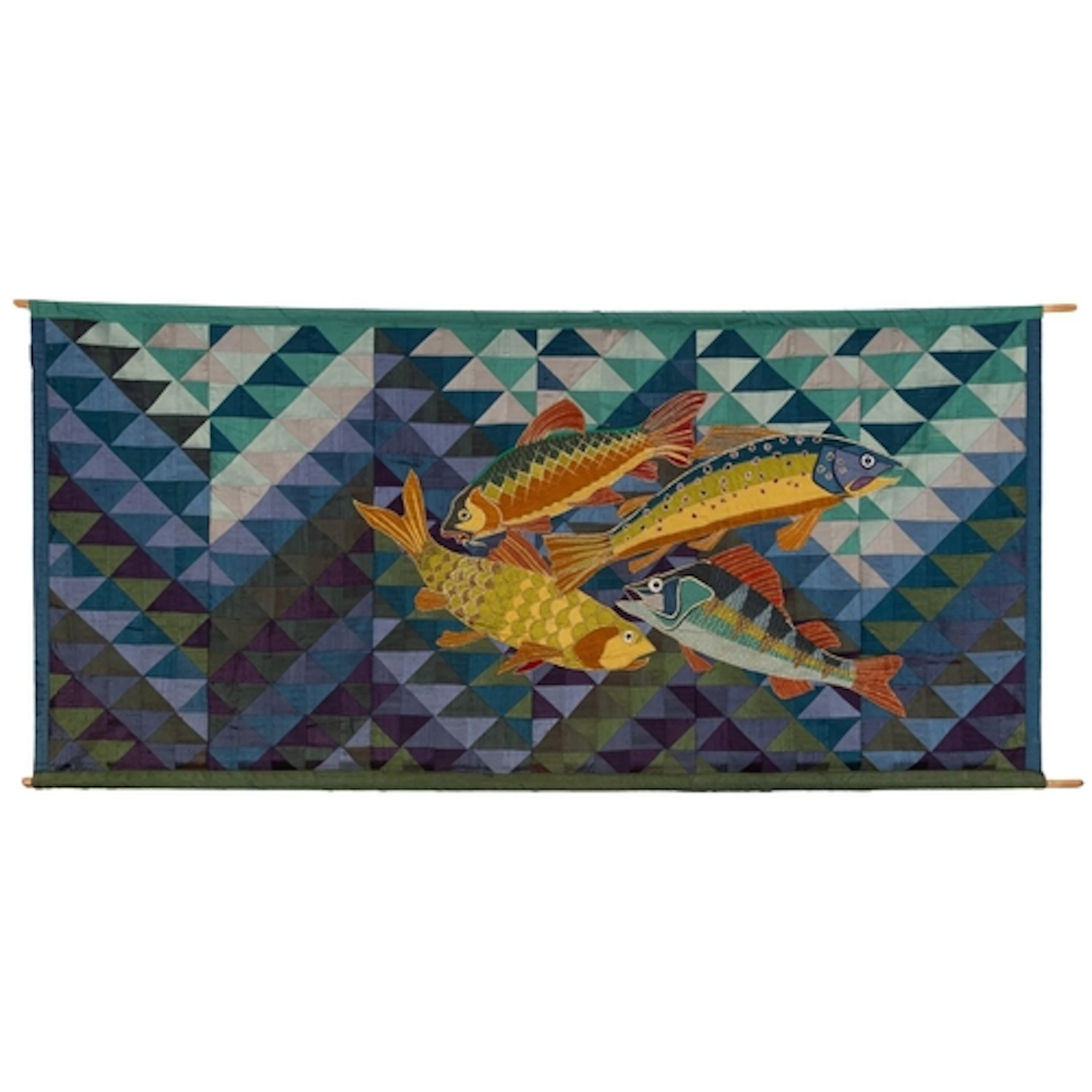 A silkwork and embroidered wall hanging depicting four fish,...