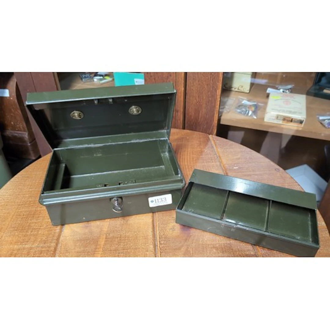 Green-painted metal cash box with a hinged lid, brass-toned ...