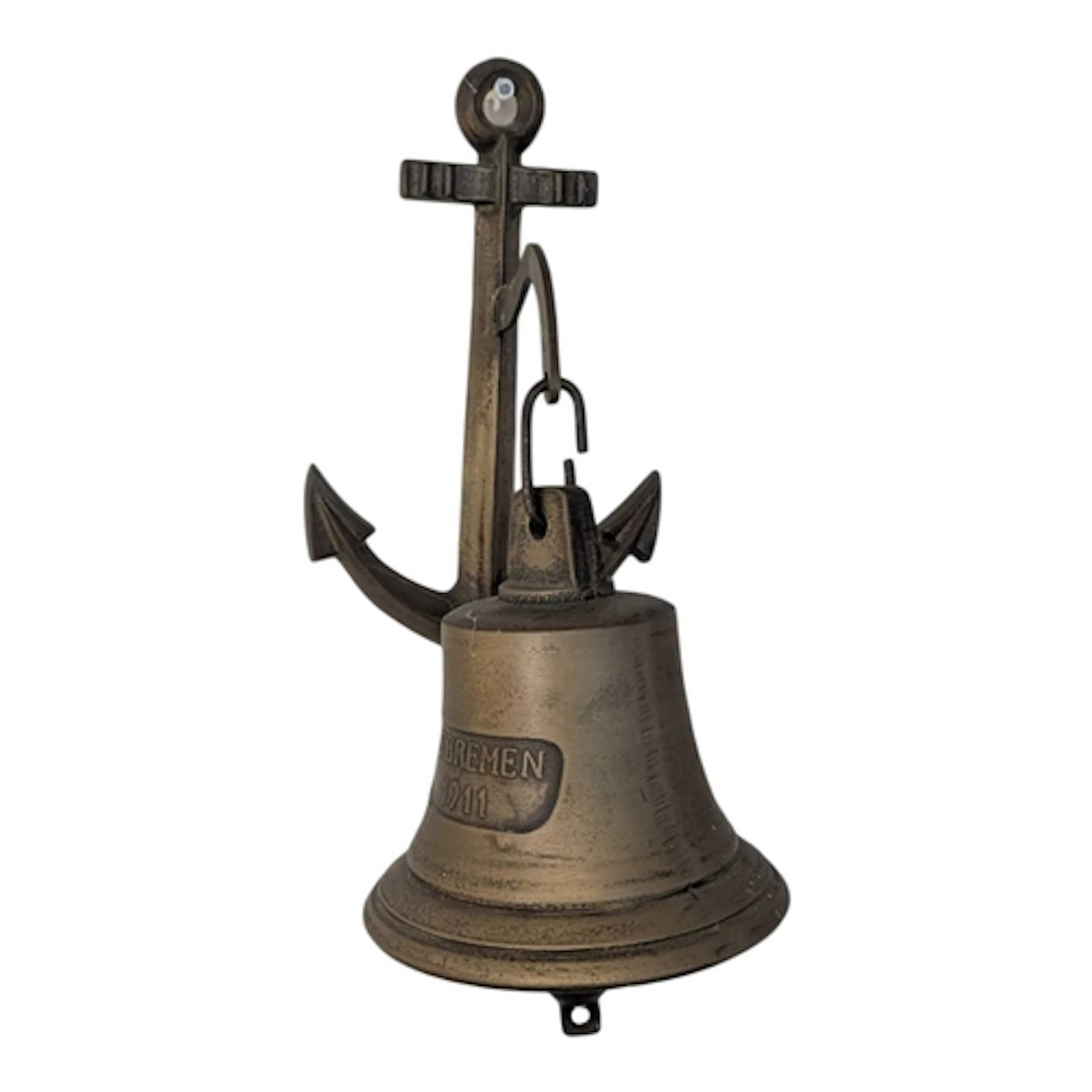 A reproduction 20th century brass bell with anchor wall hang...