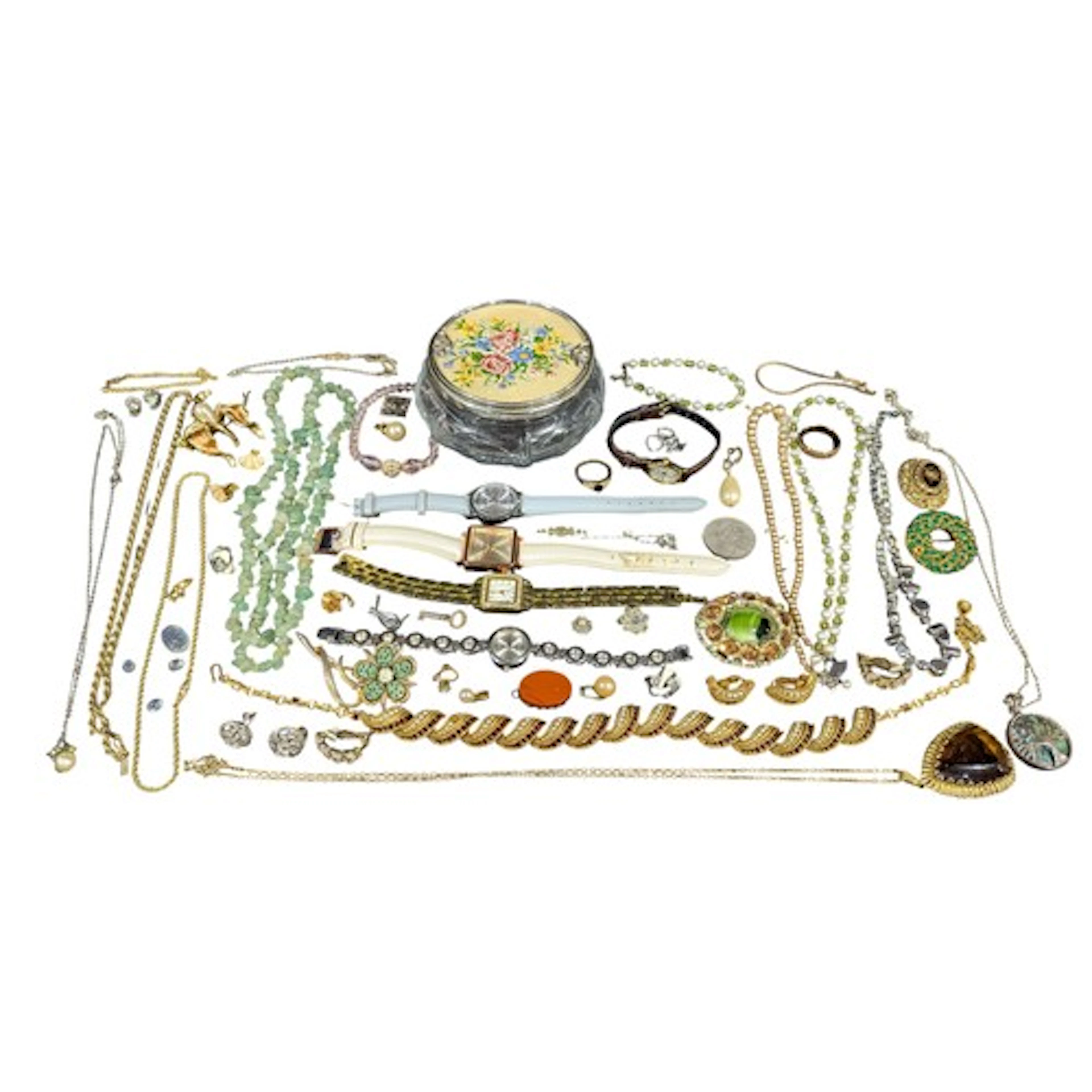 A selection of costume jewellery and watches, the jewellery ...