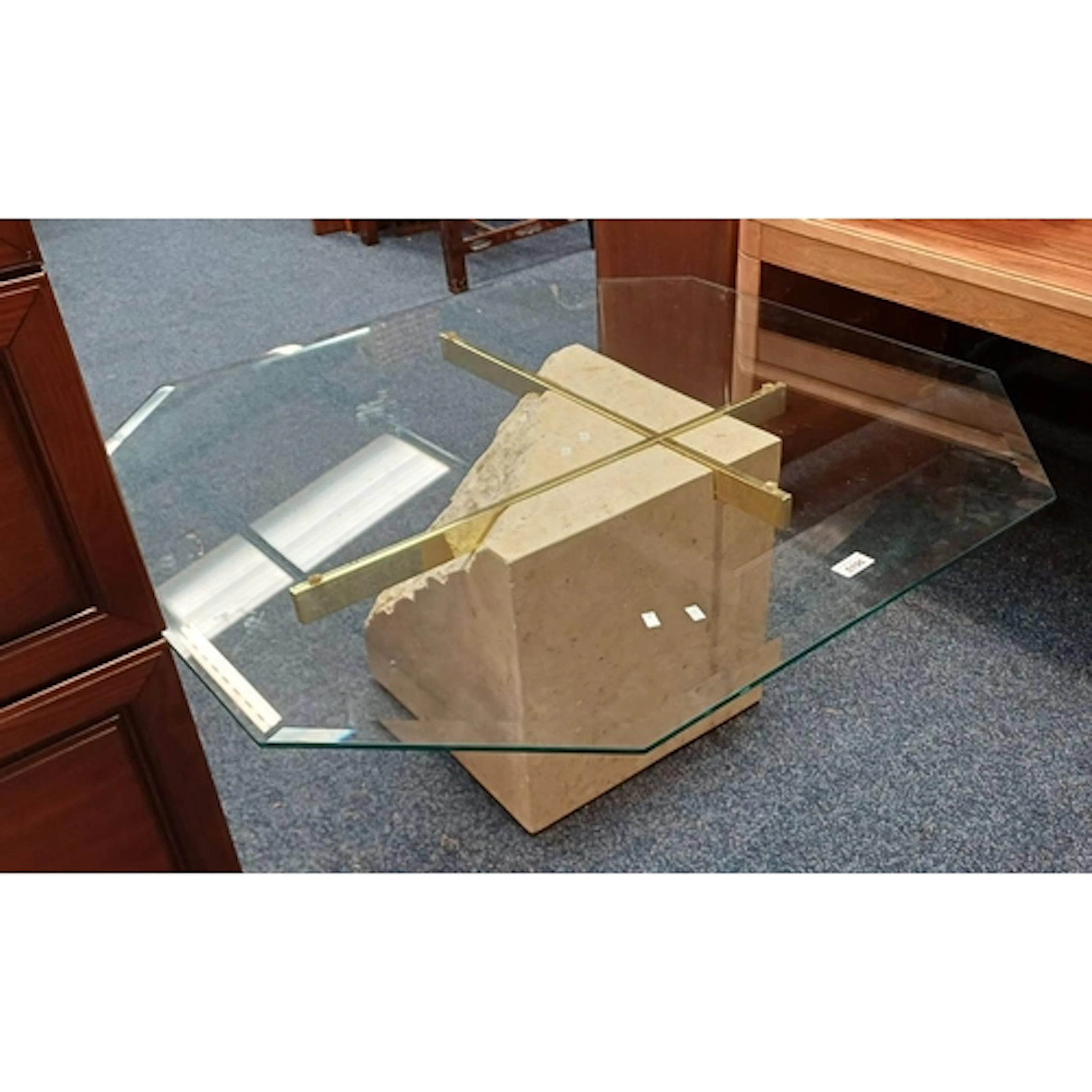 LATE 20TH CENTURY GLASS TOPPED COFFEE TABLE ON TESSELLATED S...
