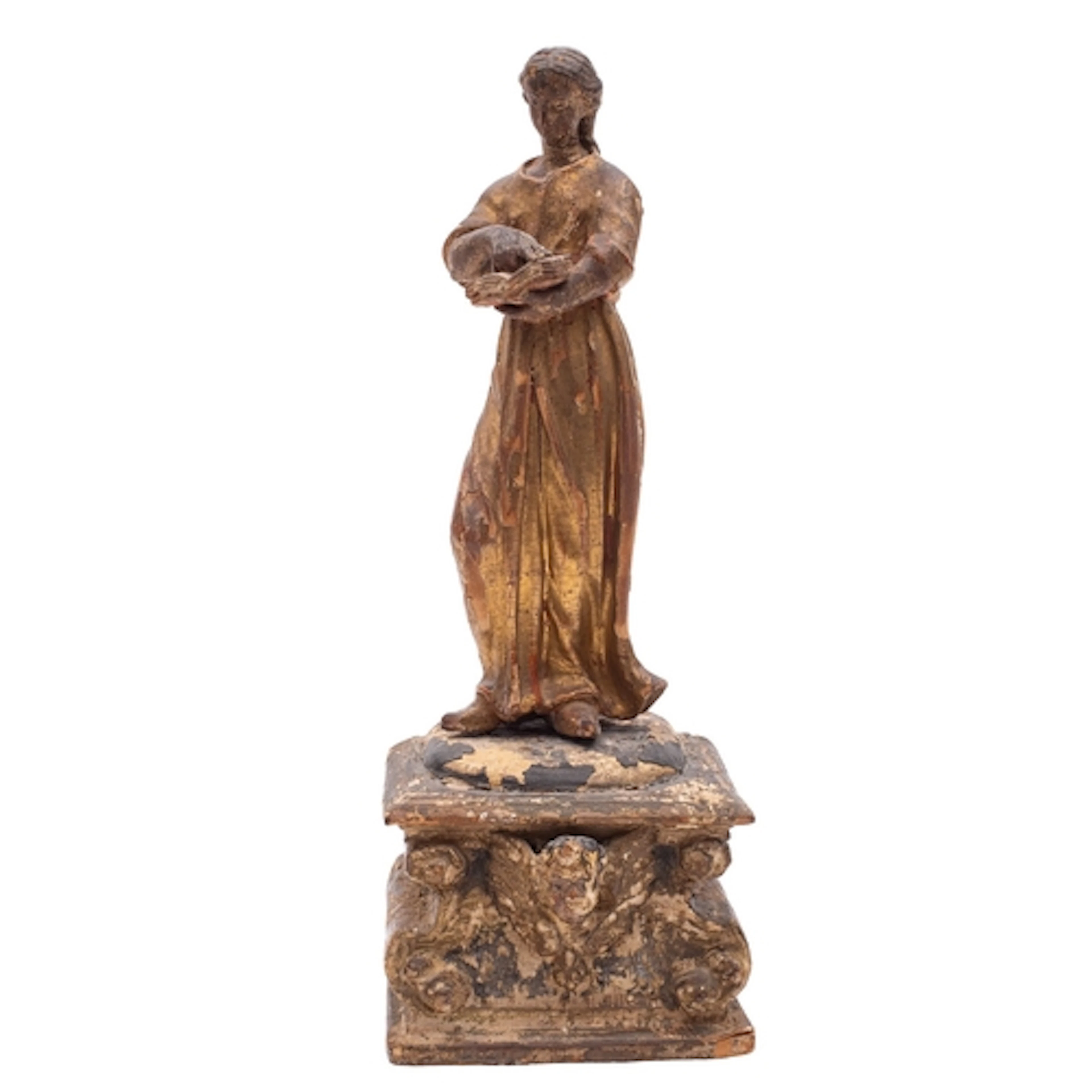 A Continental carved, painted and giltwood model of a female...