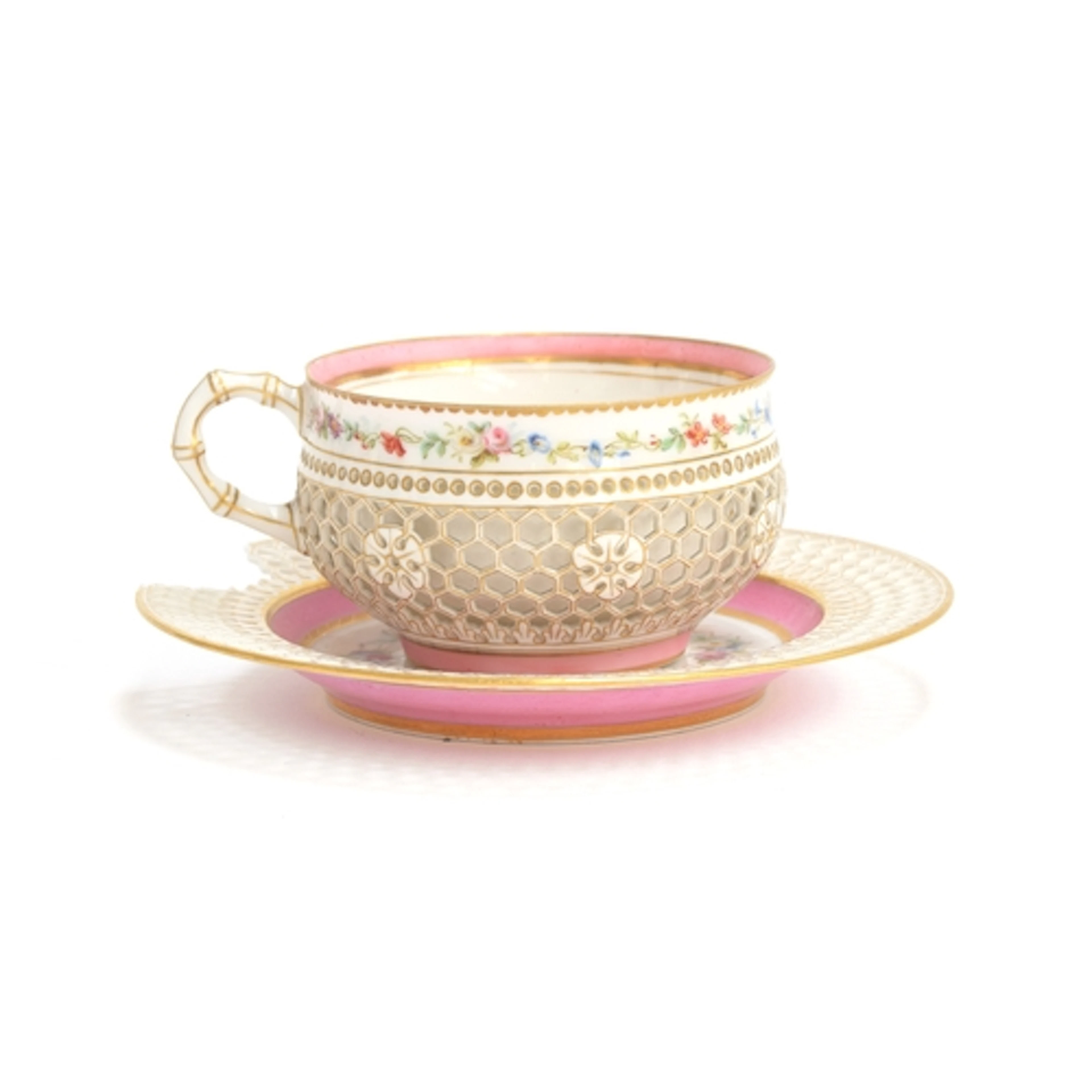 A 19th century Sevres porcelain honeycomb reticulated double...
