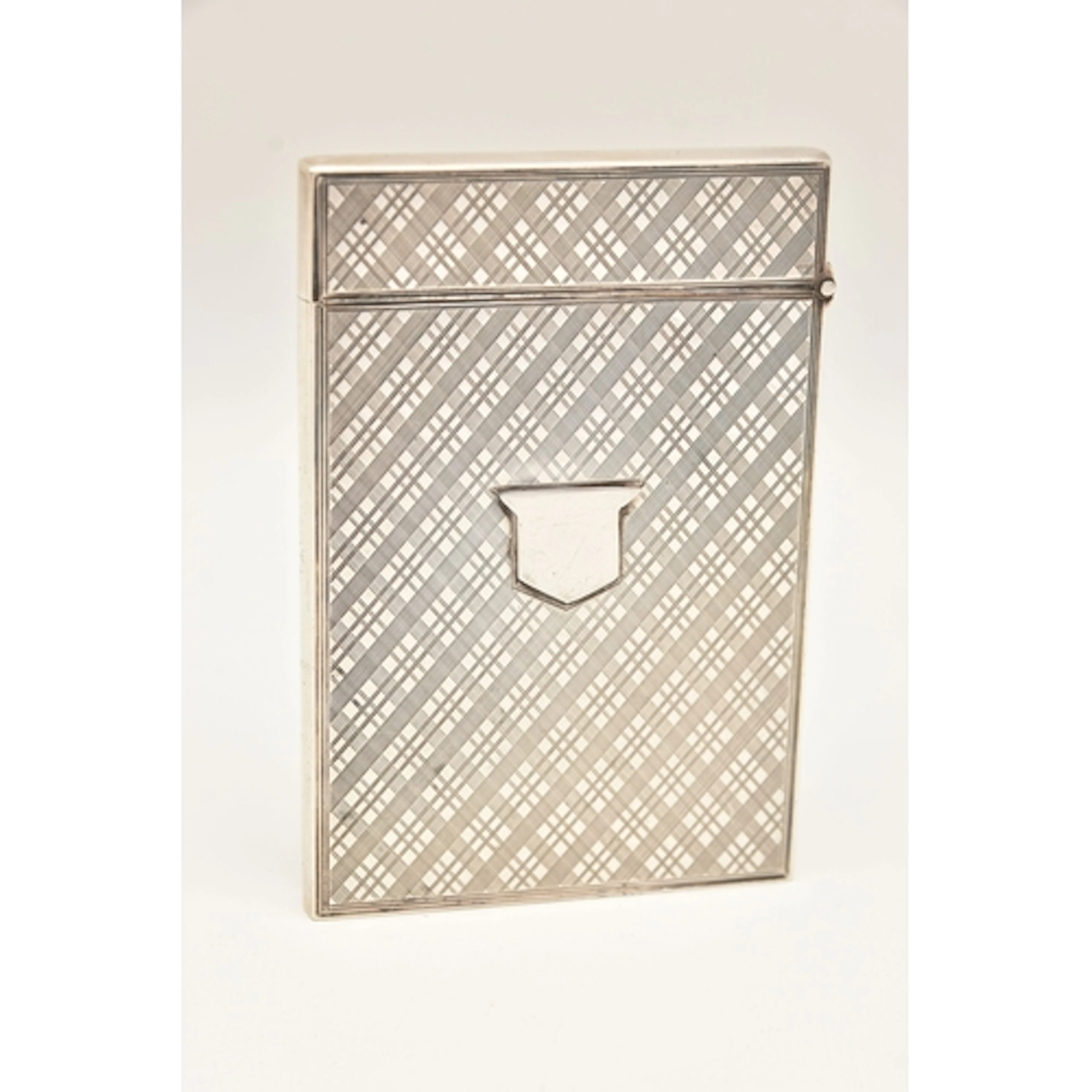 A 19TH CENTURY SILVER CARD CASE, checked pattern with a vaca...