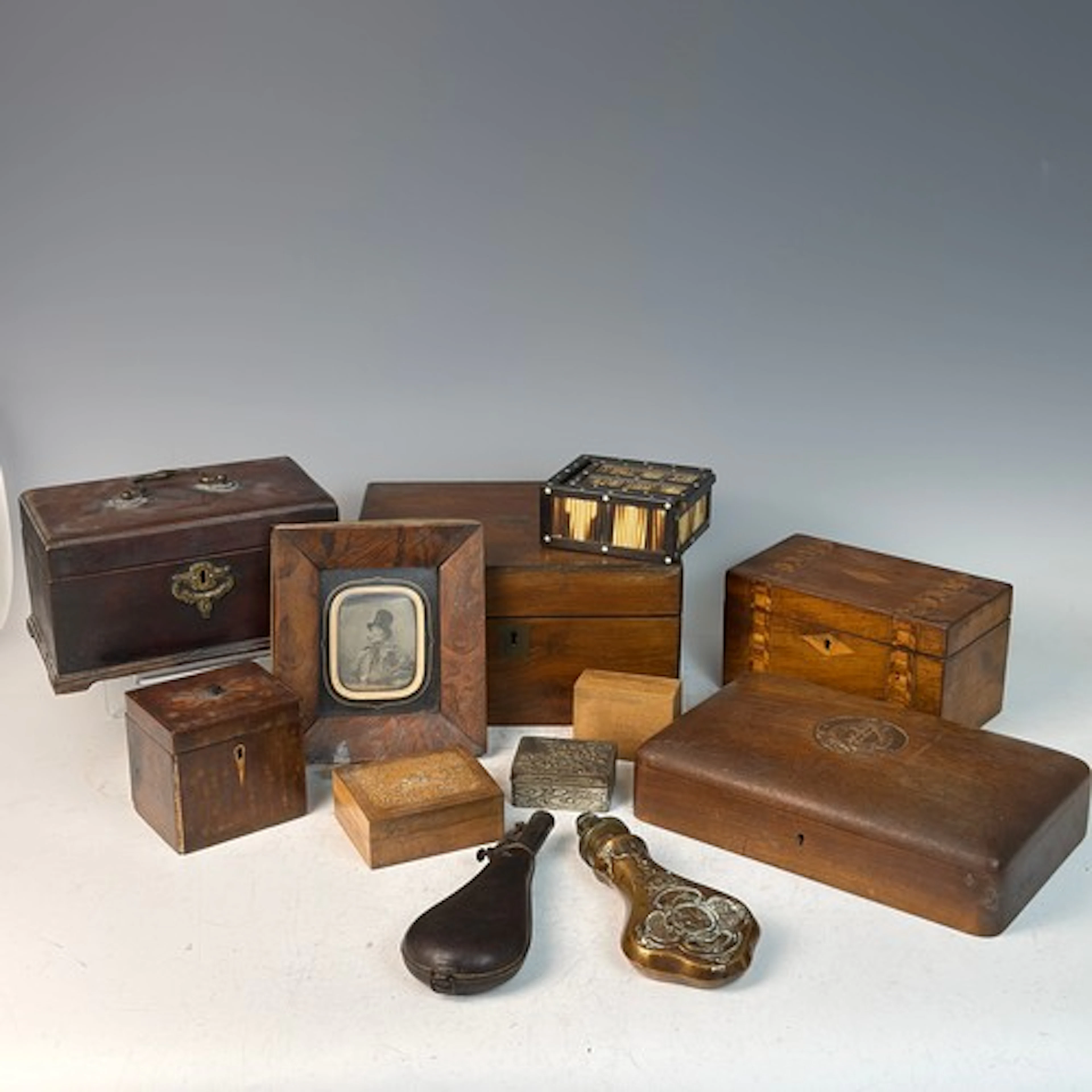 A James Barlow & Co copper Gunpowder Flask, repousse dec...