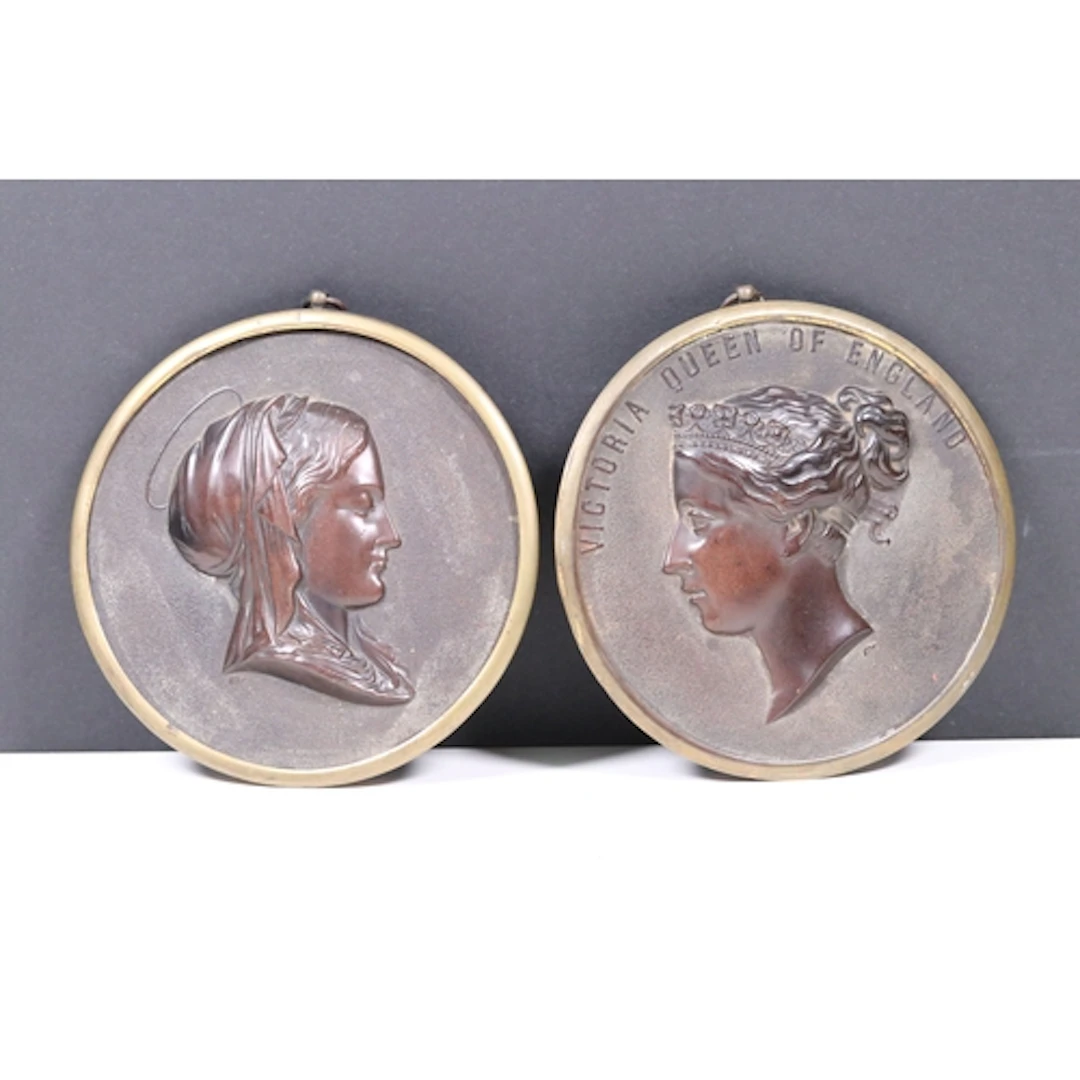 Two Victorian Bois Durci circular portrait plaque roundels t...