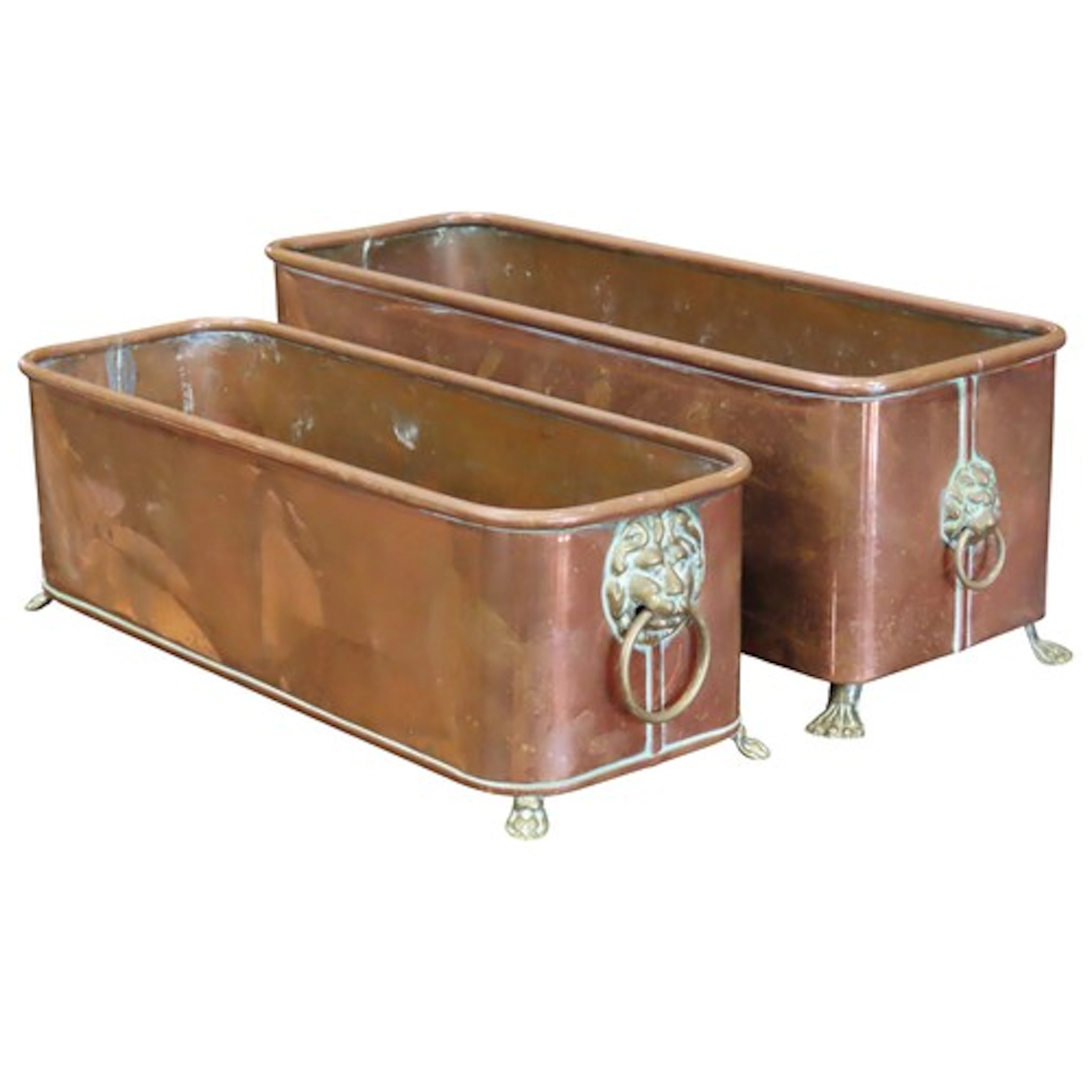 Two similar rectangular copper planters with lions mask ring...