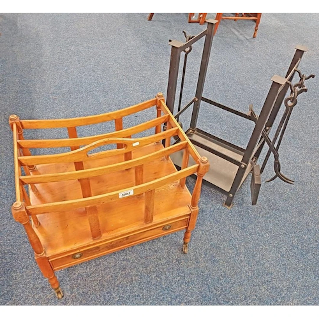 YEW CANTERBURY WITH SINGLE DRAWER ON TURNED SUPPORTS & WROUG...