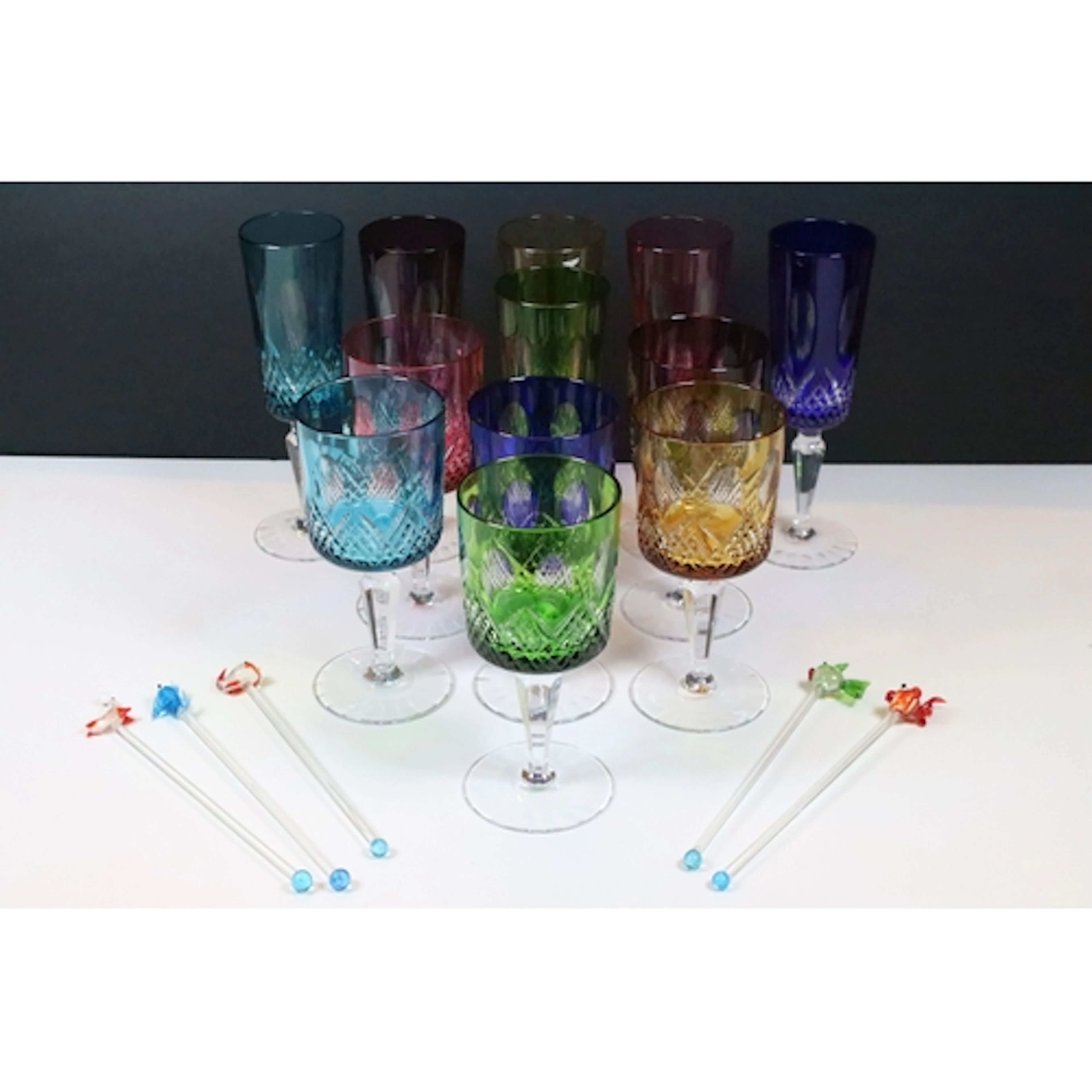 Set of six multi-coloured Bohemian cut glass wine glasses, e...