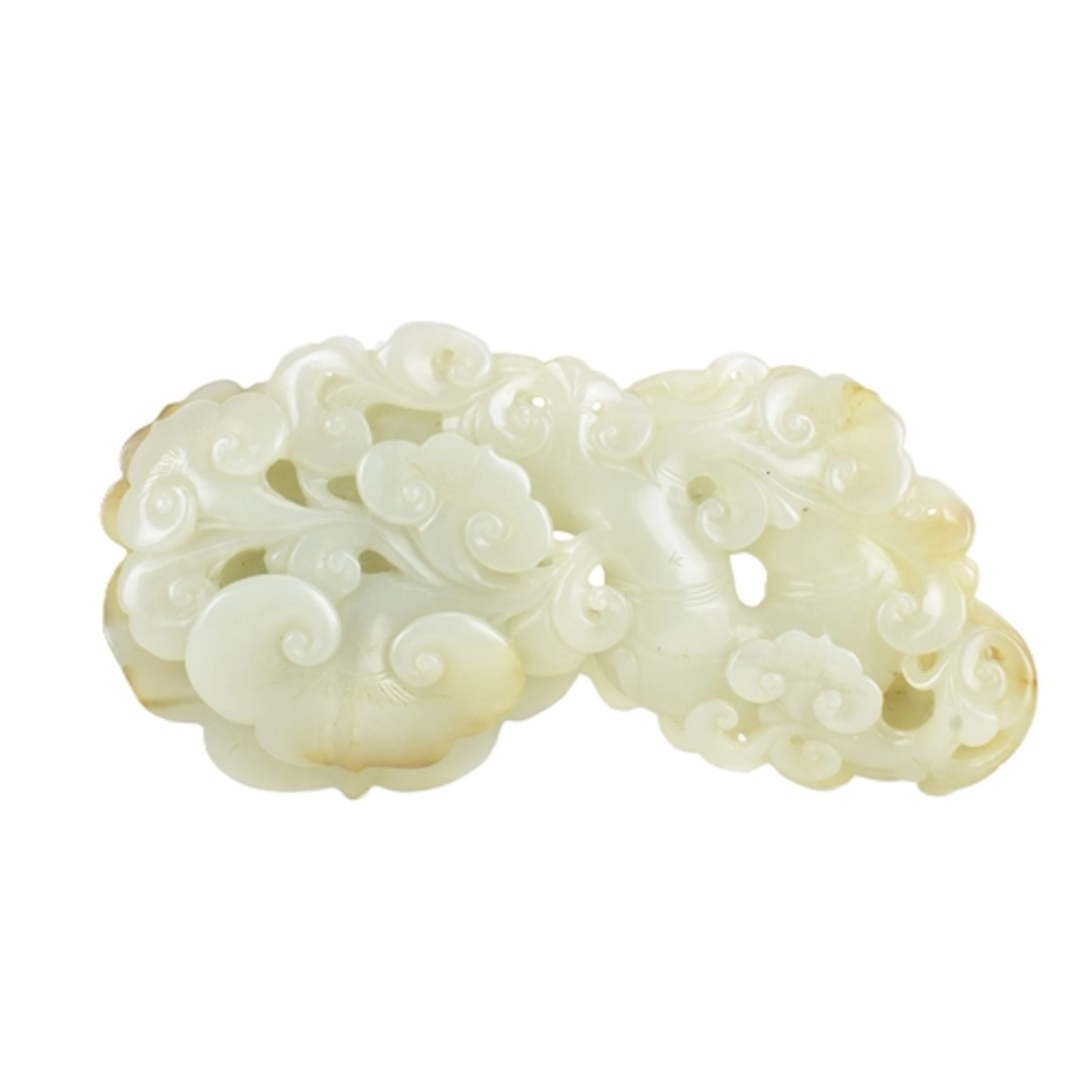 A Chinese celadon jade openwork lingzhi group, carved with o...