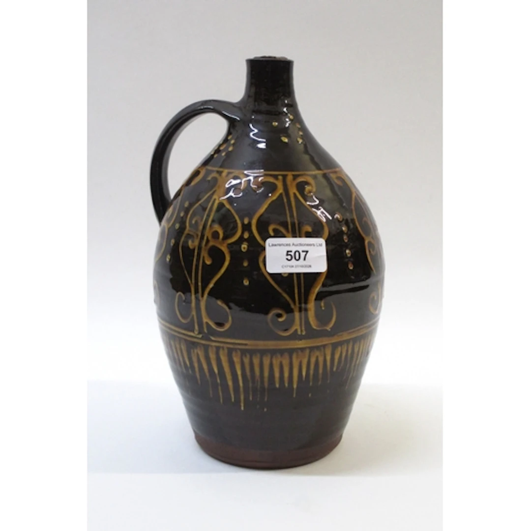 Brown Studio pottery jug vase, with trailed decoration