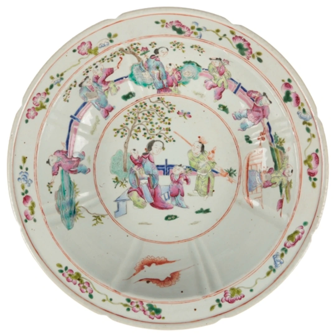 A Chinese famille rose basin, 19th century, painted with lad...