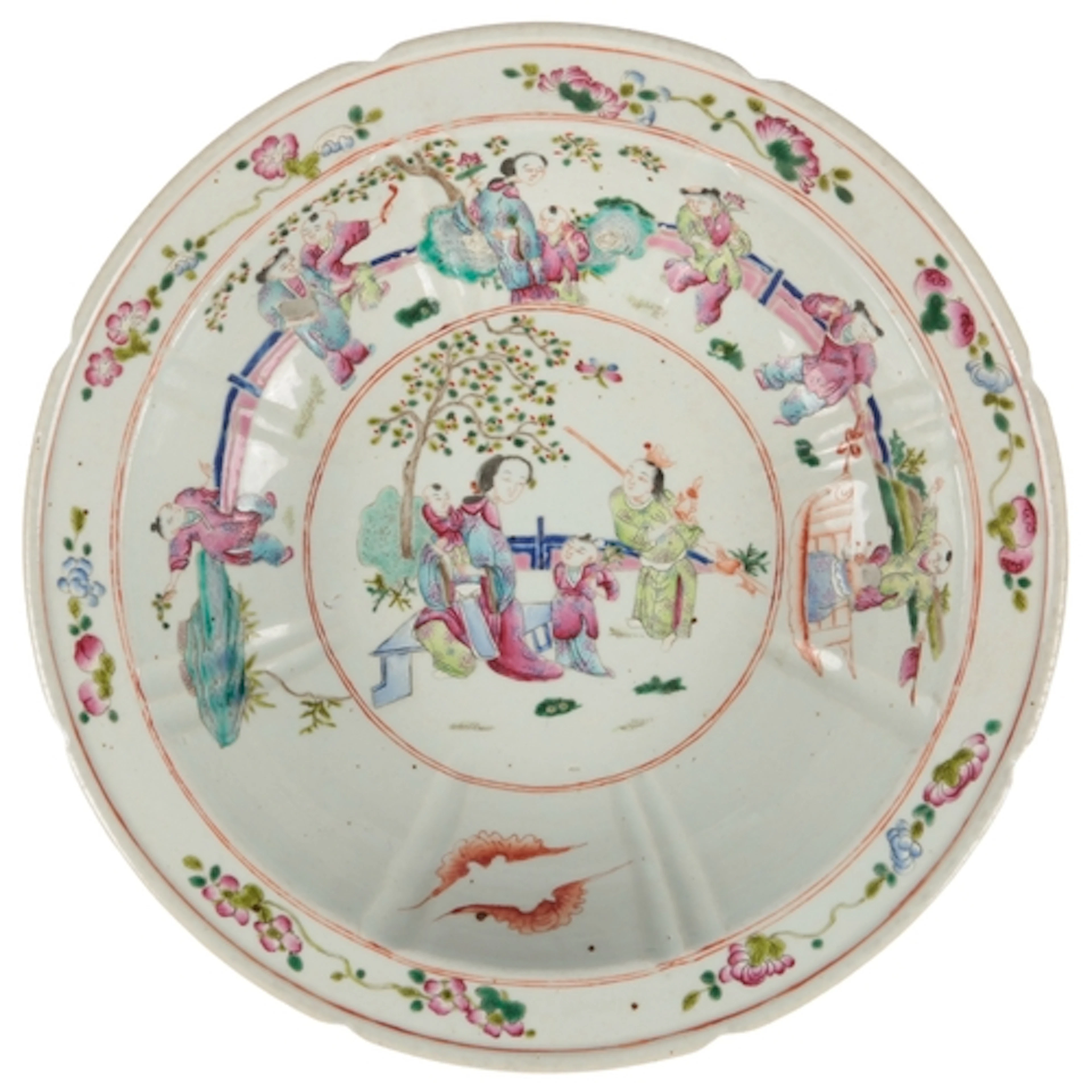 A Chinese famille rose basin, 19th century, painted with lad...