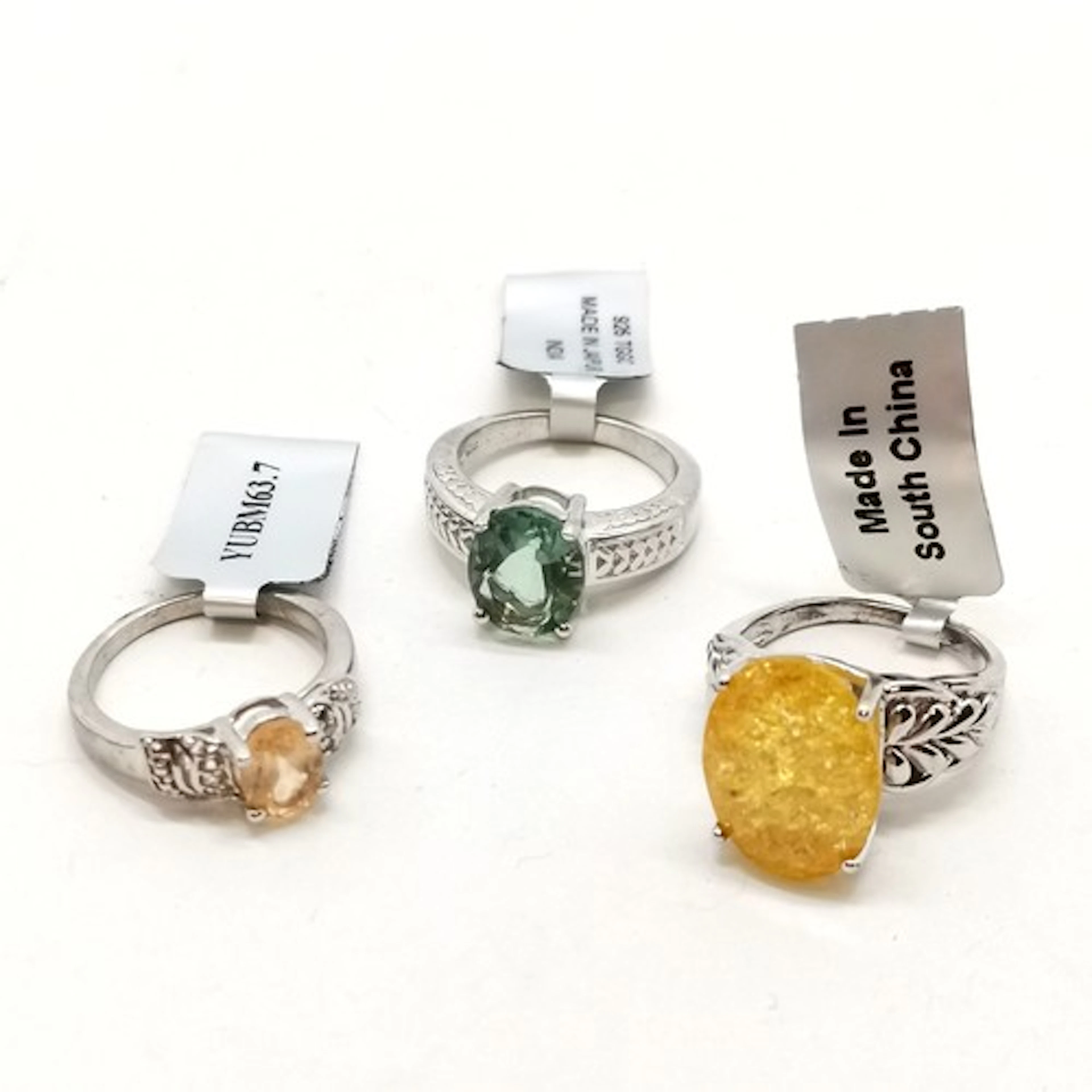 3 x silver gemstone set rings - Yellow crackled quartz (8.2c...