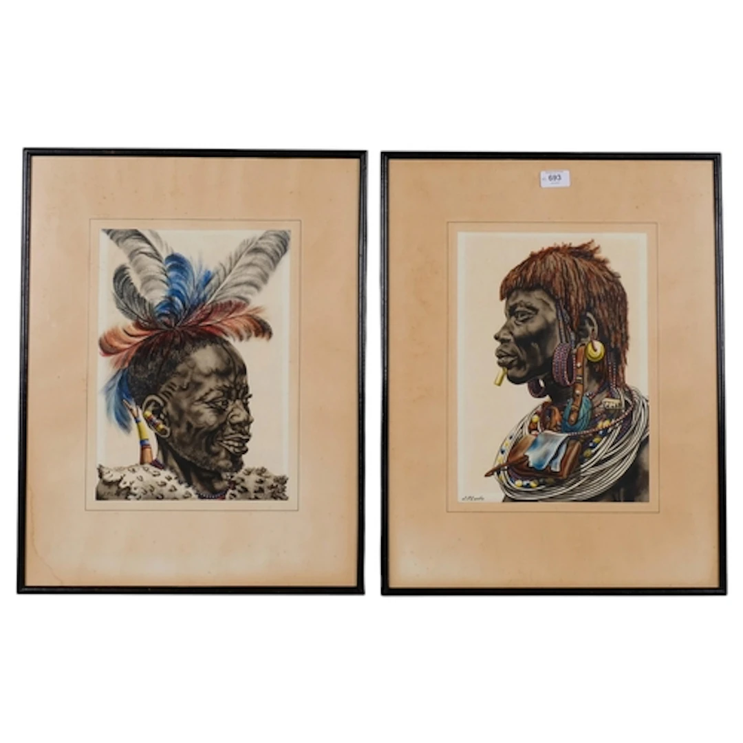 J P Ludu (1925 - 1965, 2 African warriors, watercolours, 35c...