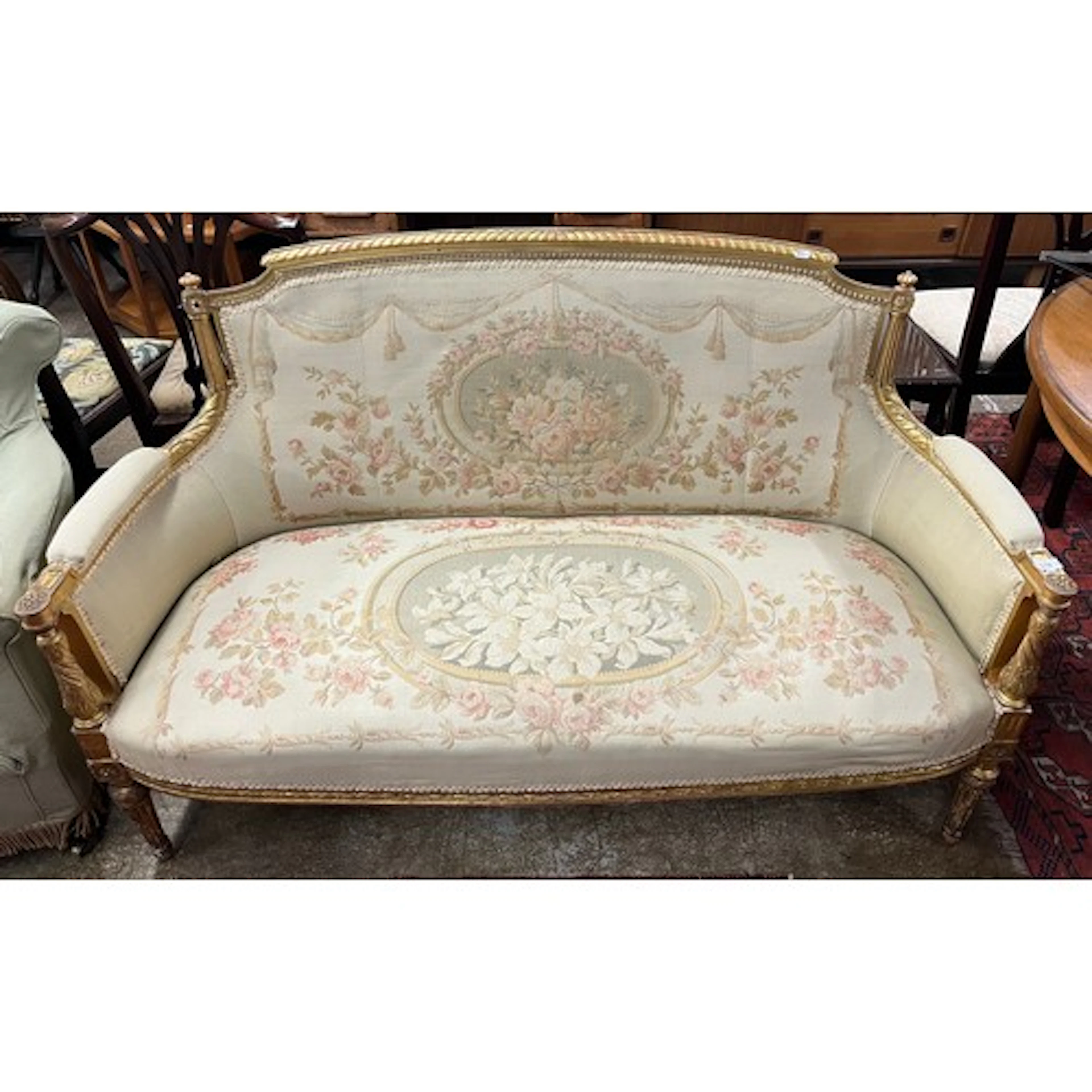 Louis XVI carved giltwood sofa (canopy) upholstered in Aubus...