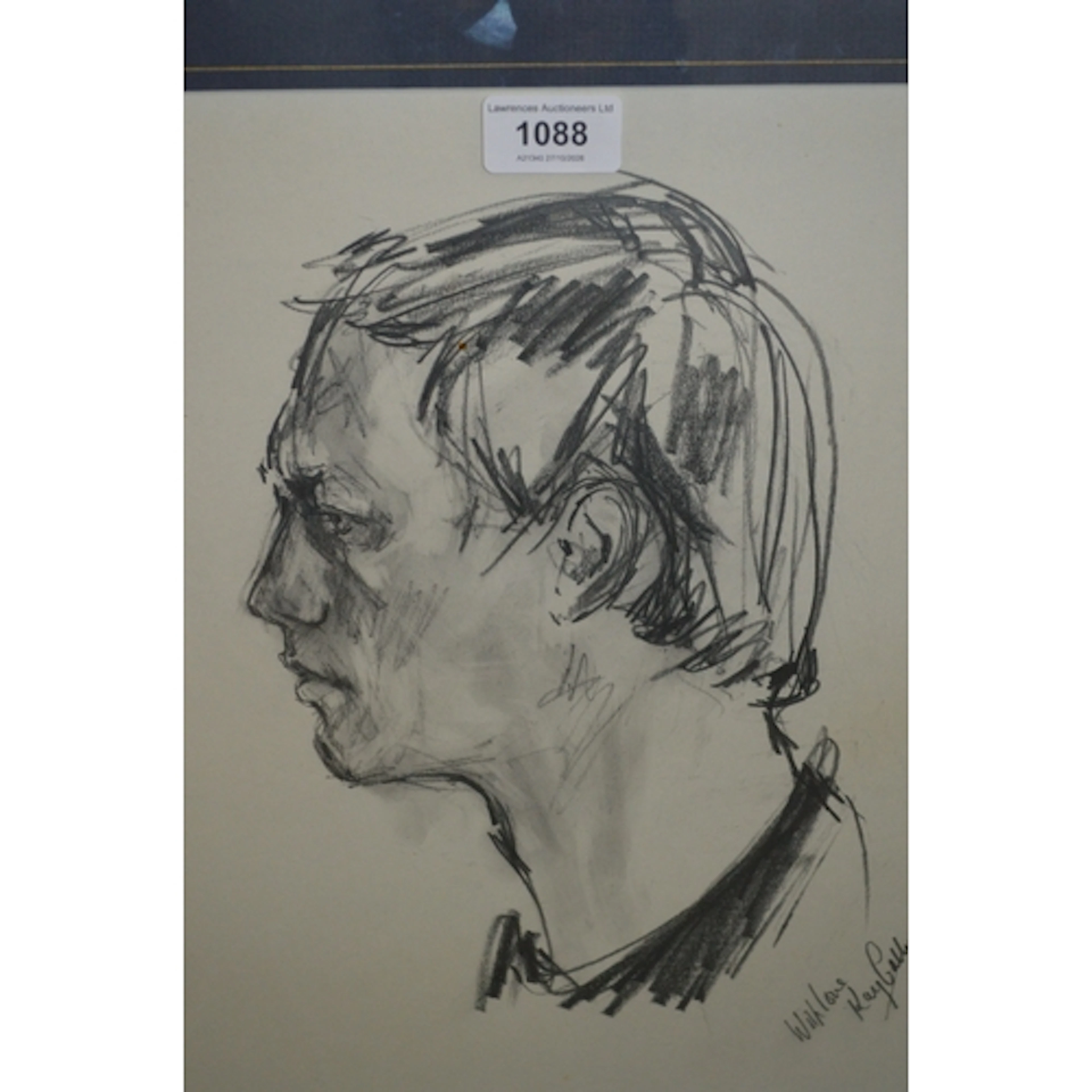 Kay Catharey, black chalk drawing, portrait of a man in prof...