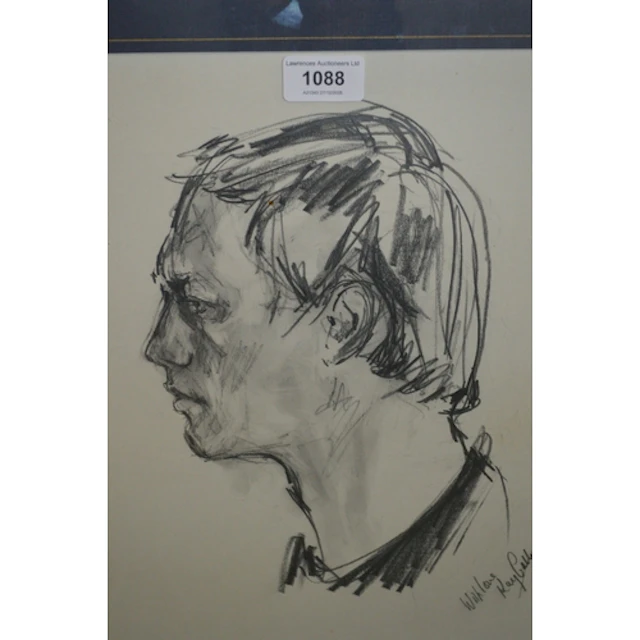Kay Catharey, black chalk drawing, portrait of a man in prof...