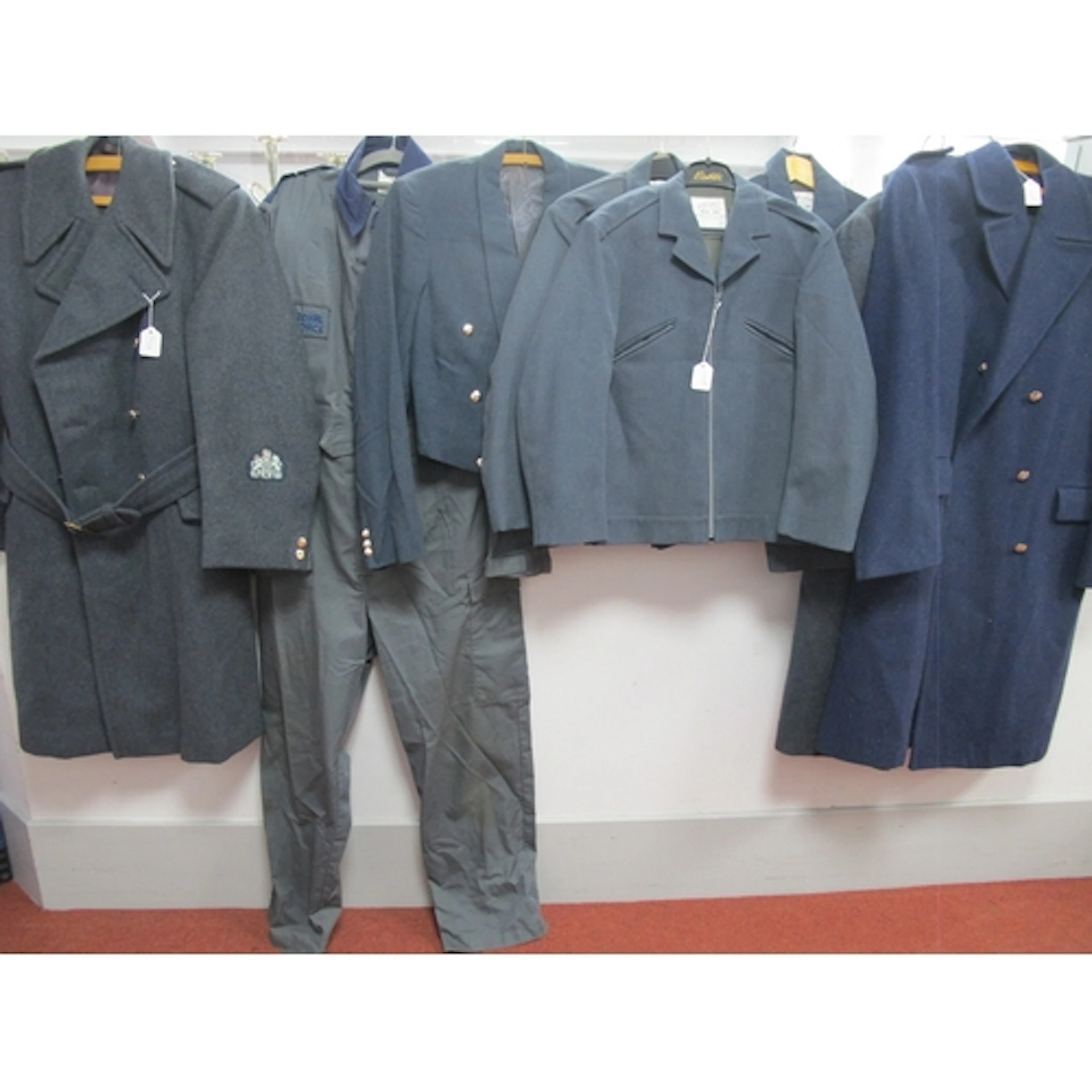 RAF Uniform Items comprising 3 greatcoats, 3 192 jackets, he...