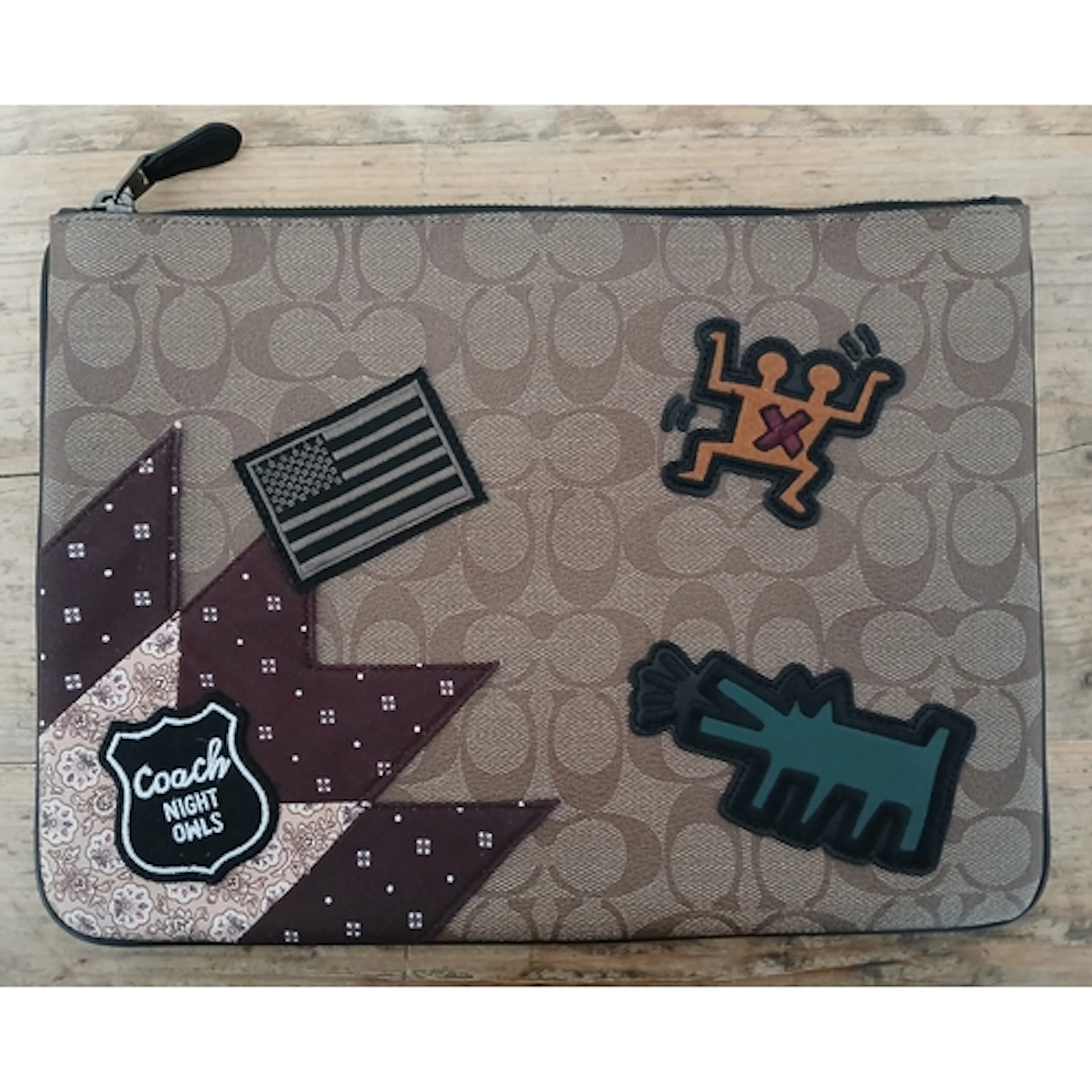 COACH, Keith Haring khaki signature canvas pouch with patche...