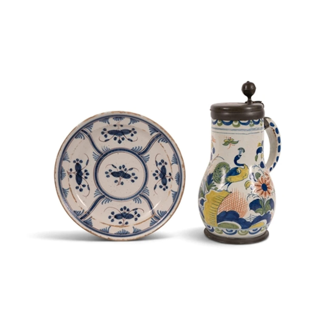 A large Delft pewter-mounted tankard, early 19th century, th...
