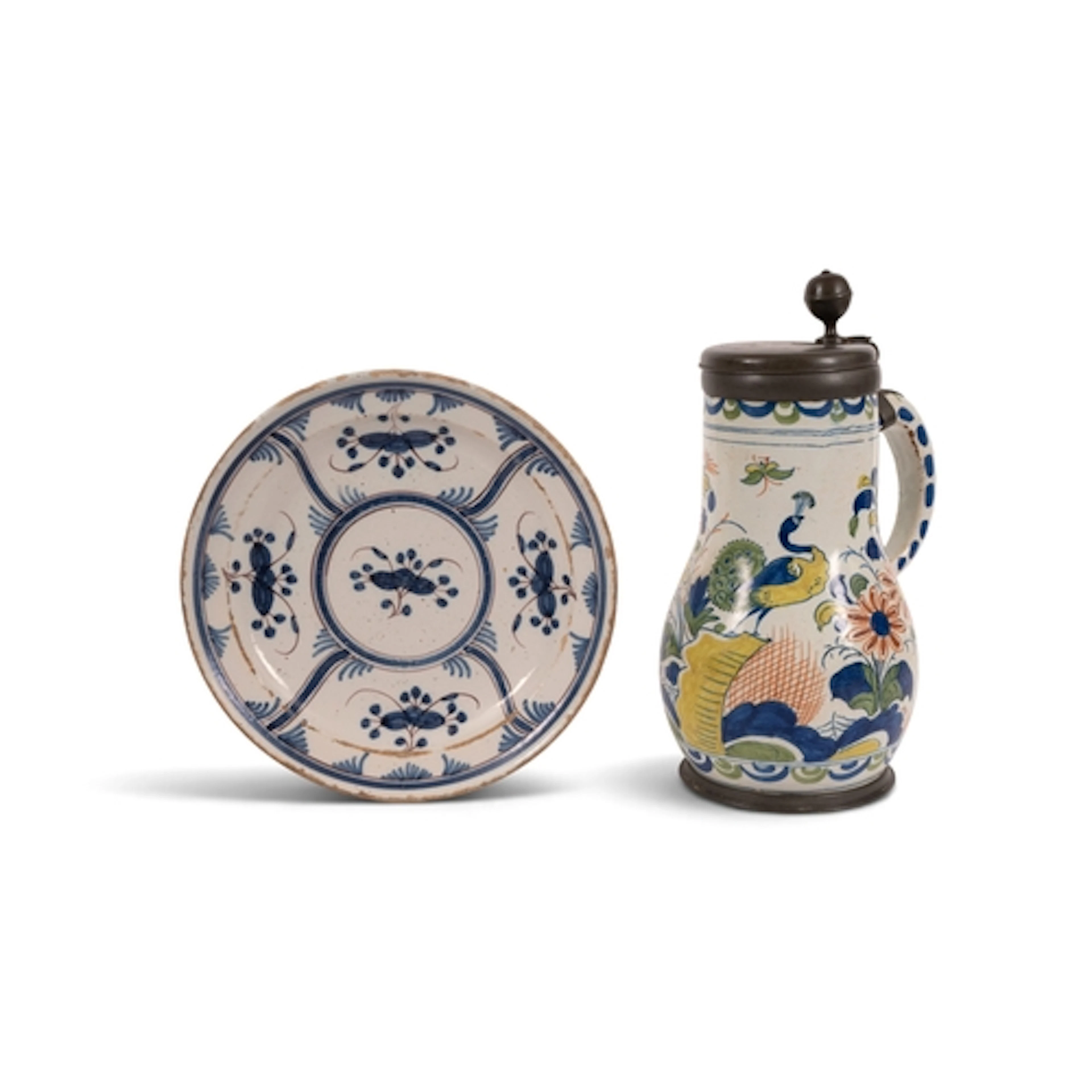A large Delft pewter-mounted tankard, early 19th century, th...