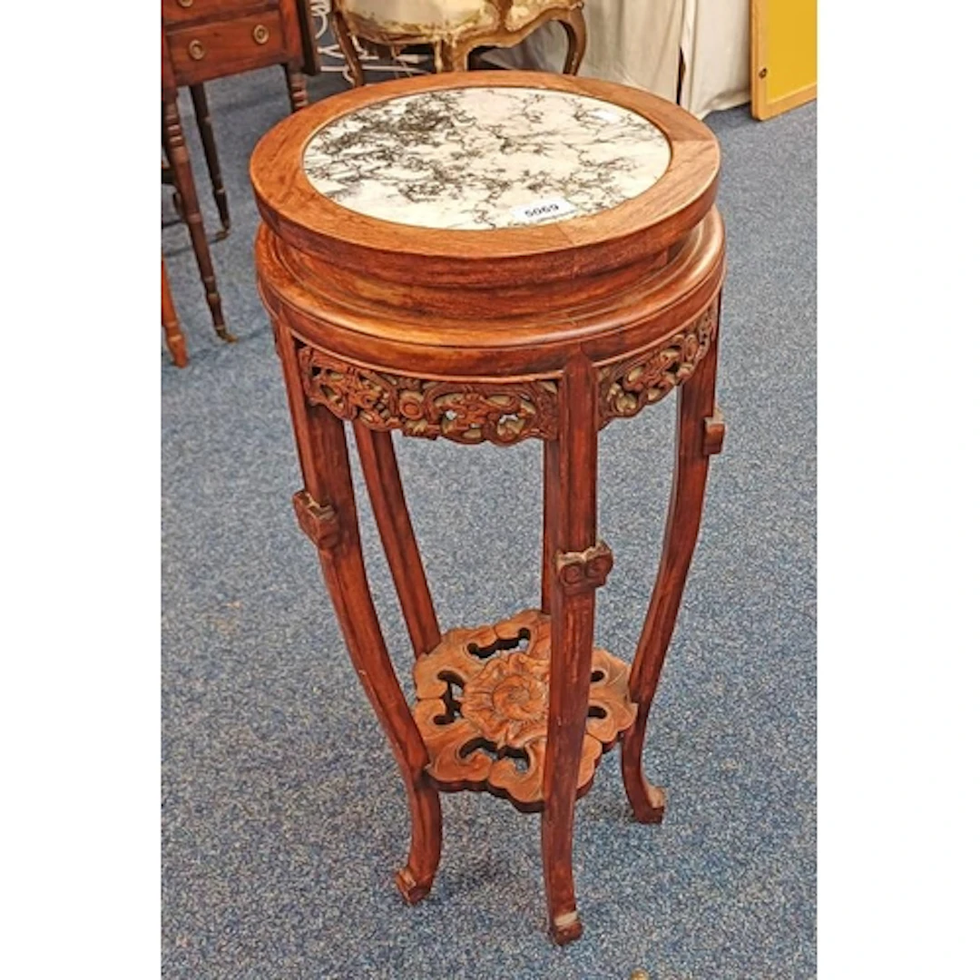HARDWOOD POT STAND WITH MARBLE INSET TOP & OVERALL CARVED & ...