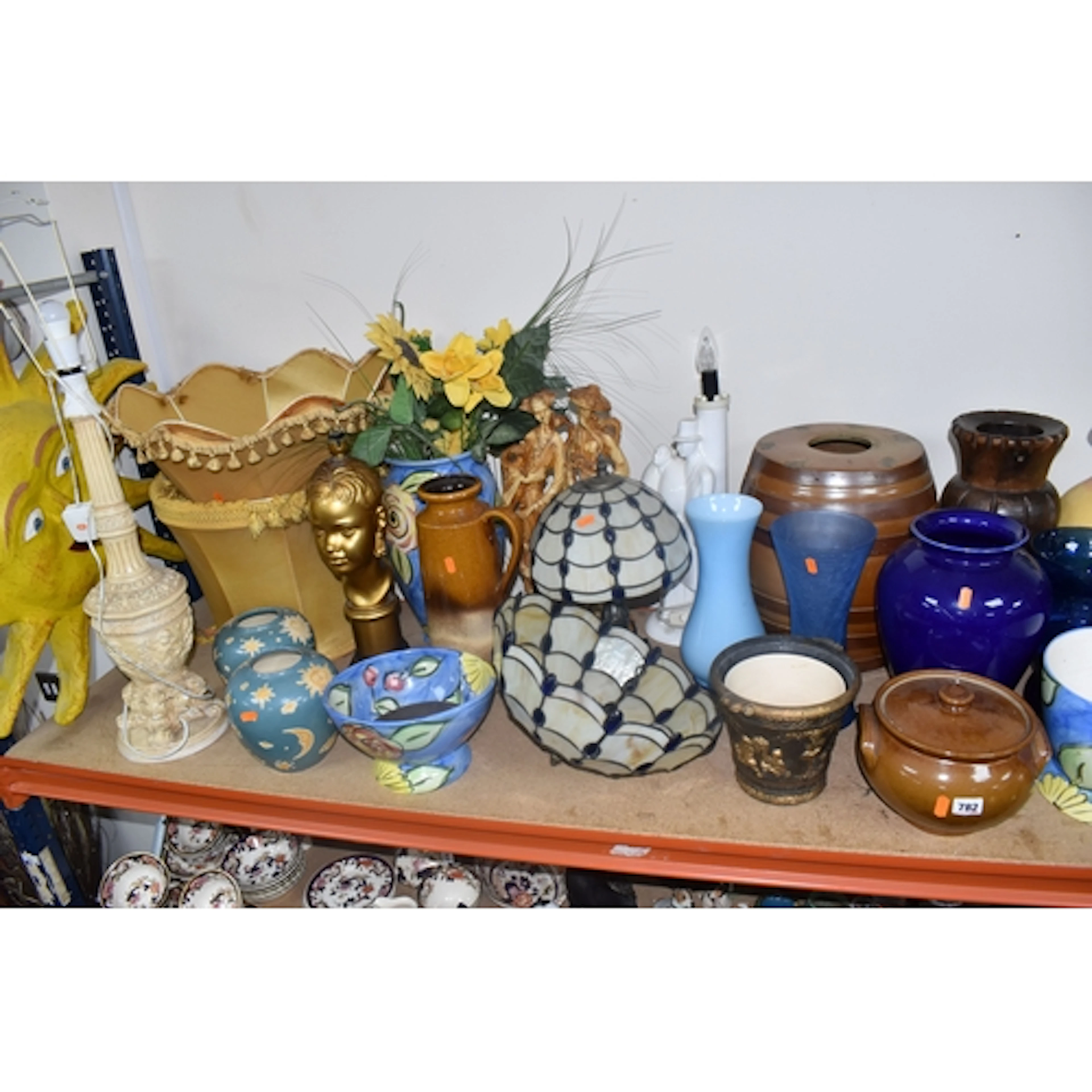 A GROUP OF LAMPS, VASES, PLANTERS ETC to include two 'Tiffan...