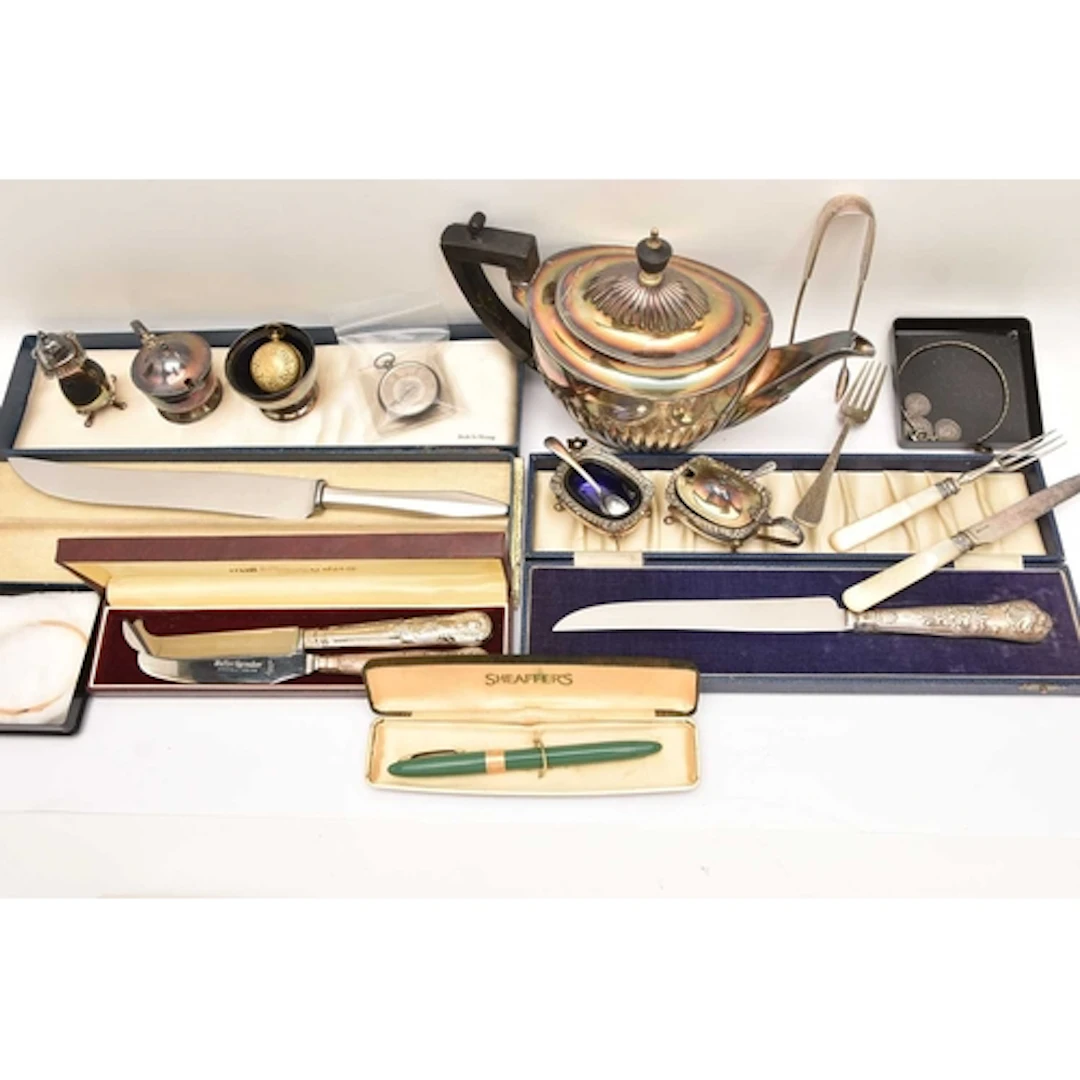 A BOX OF ASSORTED ITEMS, to include three hallmarked silver ...