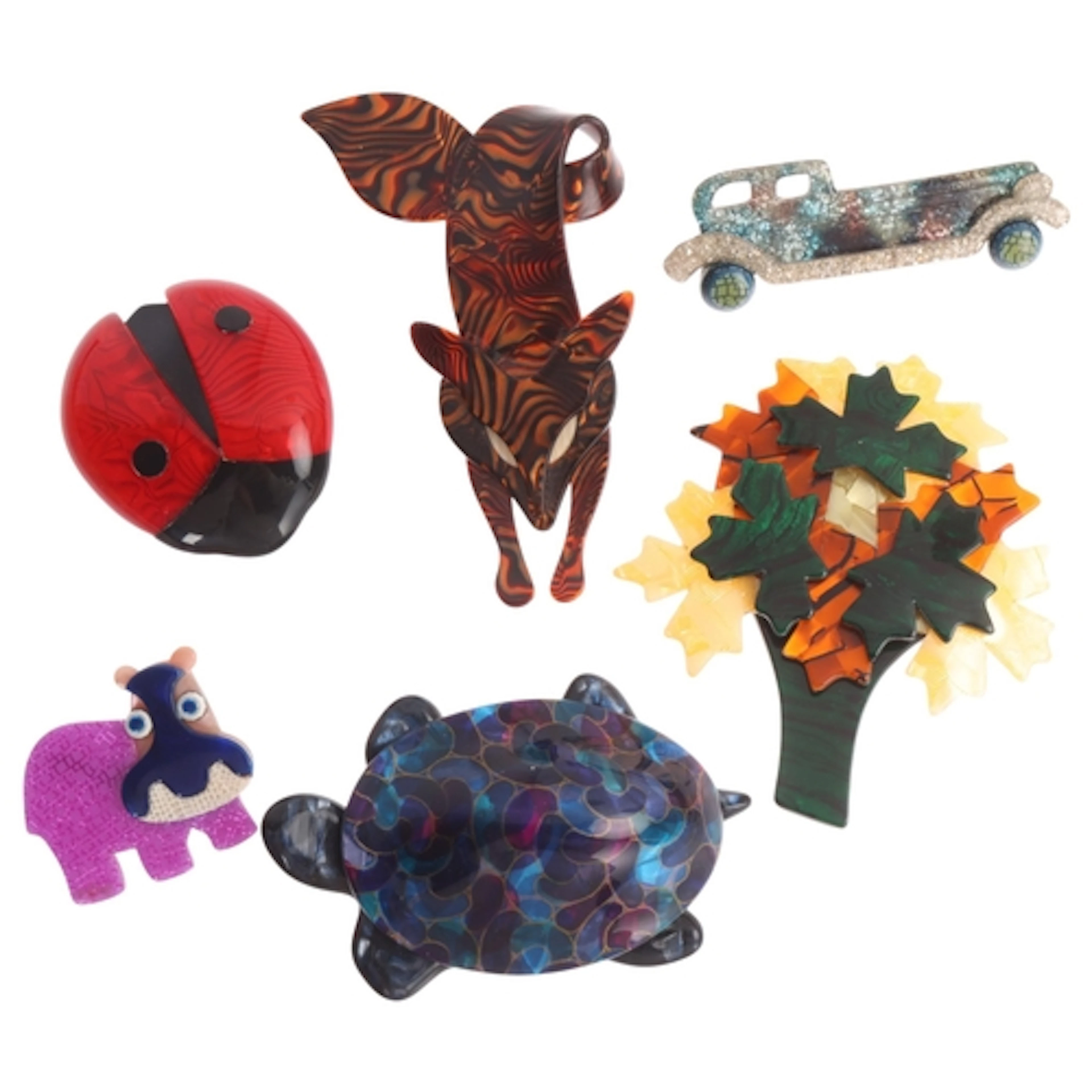 LEA STEIN - 6 Vintage brooches, including Rolls Royce, fox a...