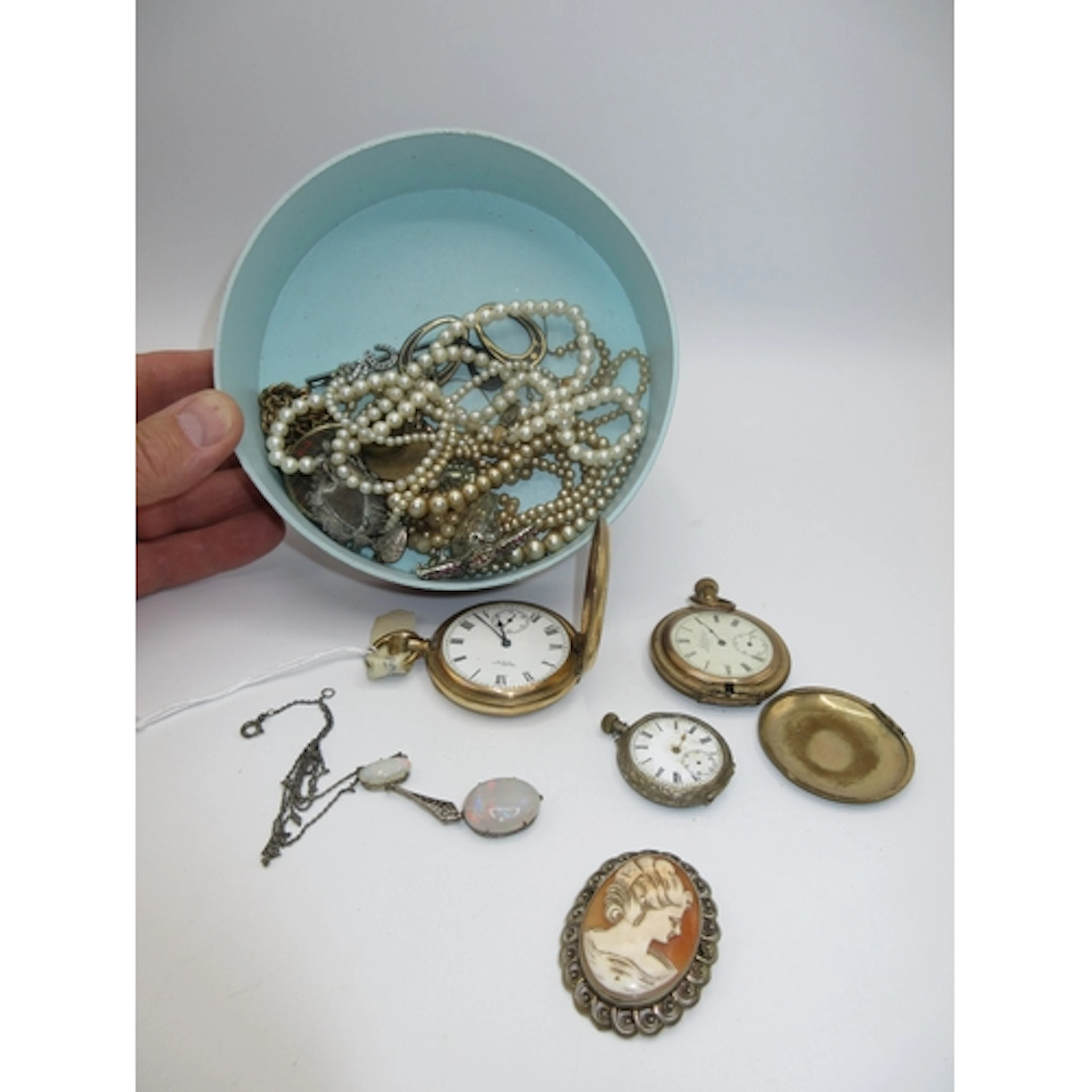 Three Pocket Watches, Cracked Opal Necklace and Costume Jewe...