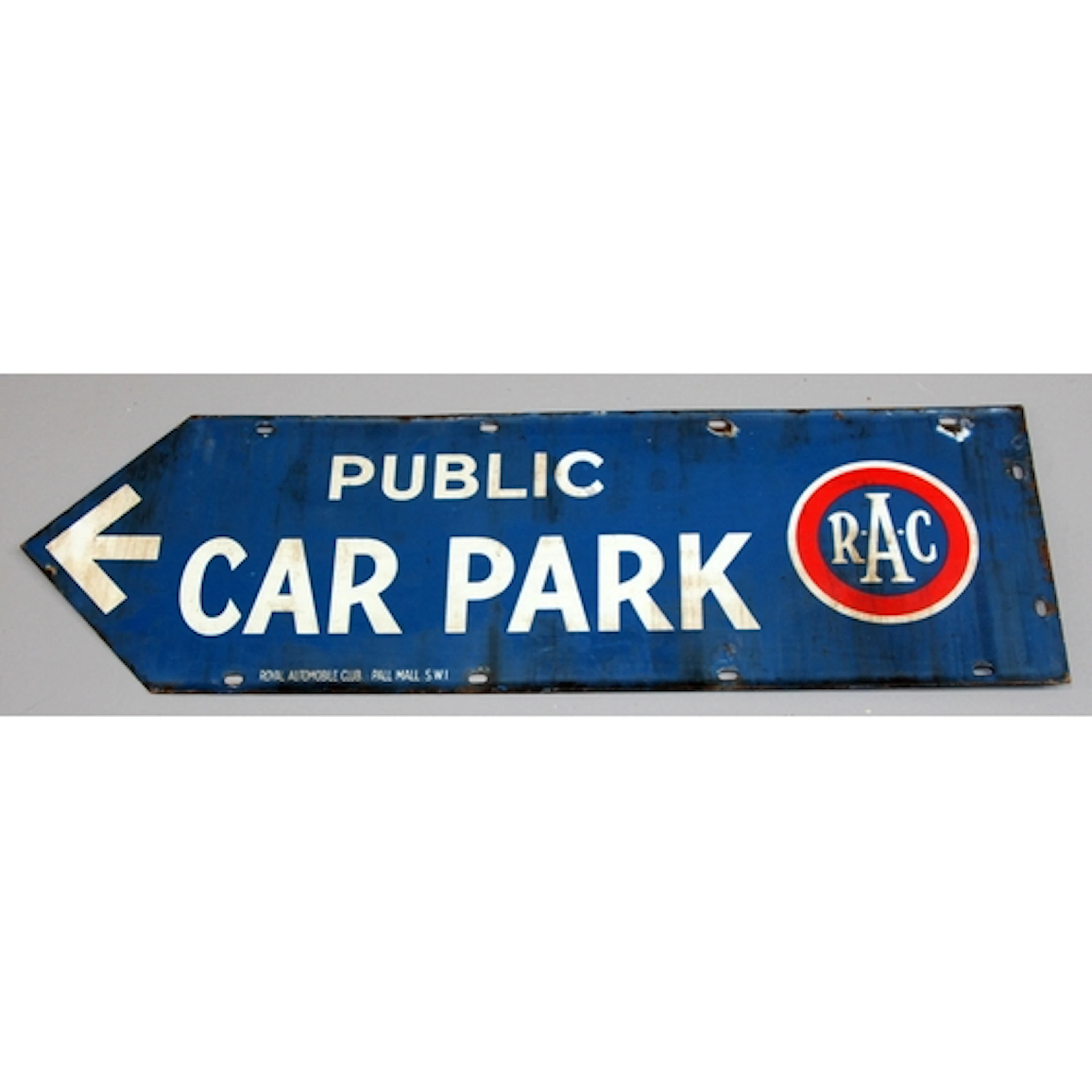 Vintage enamel sign: RAC directional arrow 'Public Car Park'...