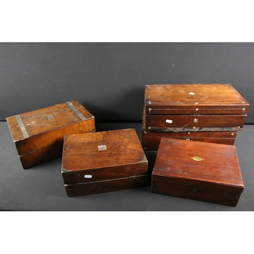 Collection of four mahogany wooden boxes and writing slopes ...