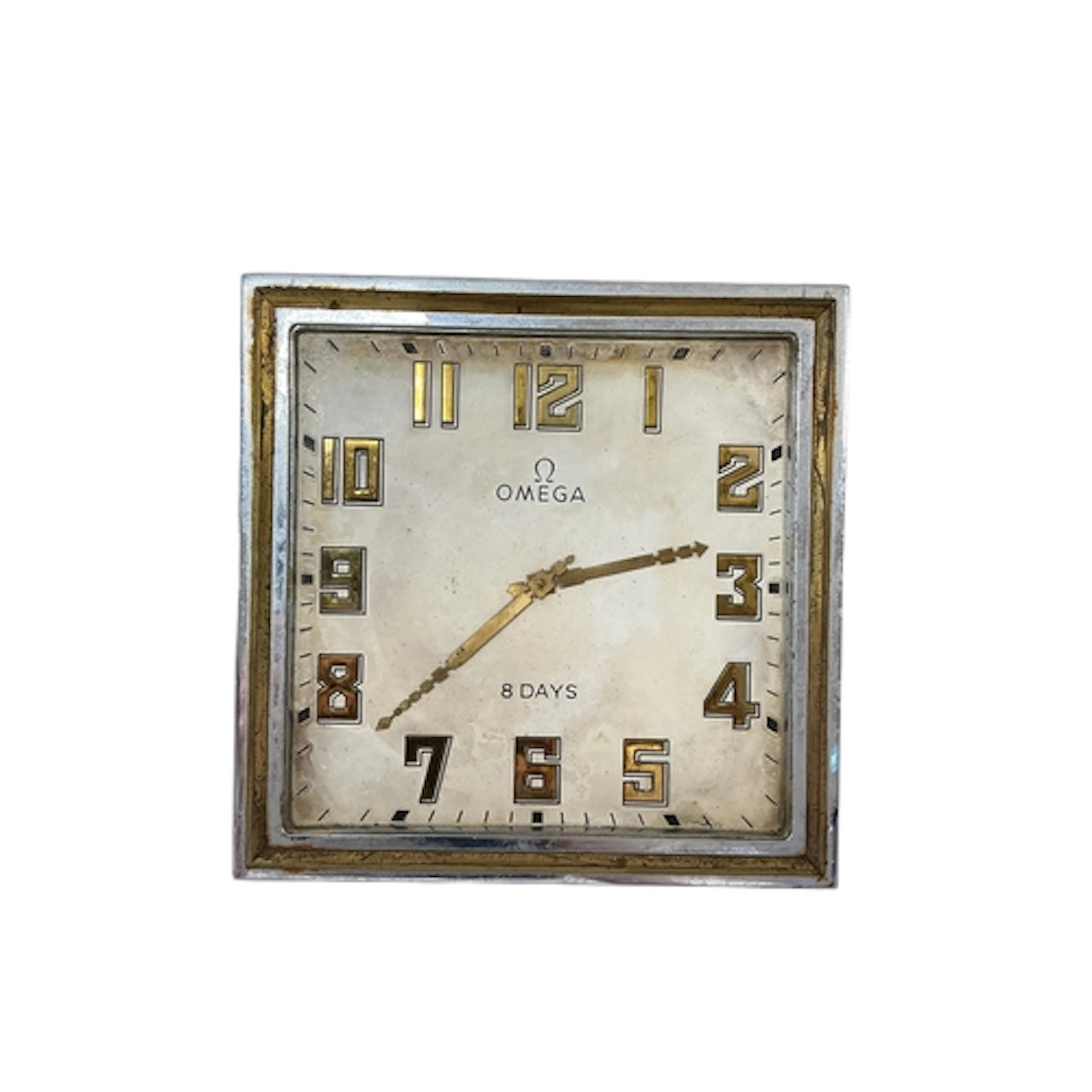 An Art Deco Omega chrome and gilt eight day strut desk timep...
