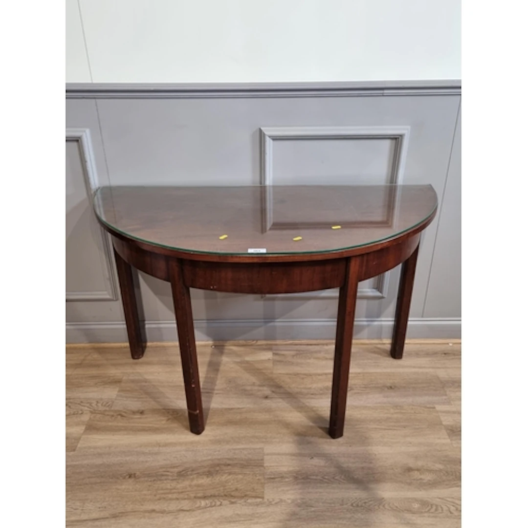 A mahogany glass topped Demi Lune Table, 2ft 5" H 4ft W 1ft ...