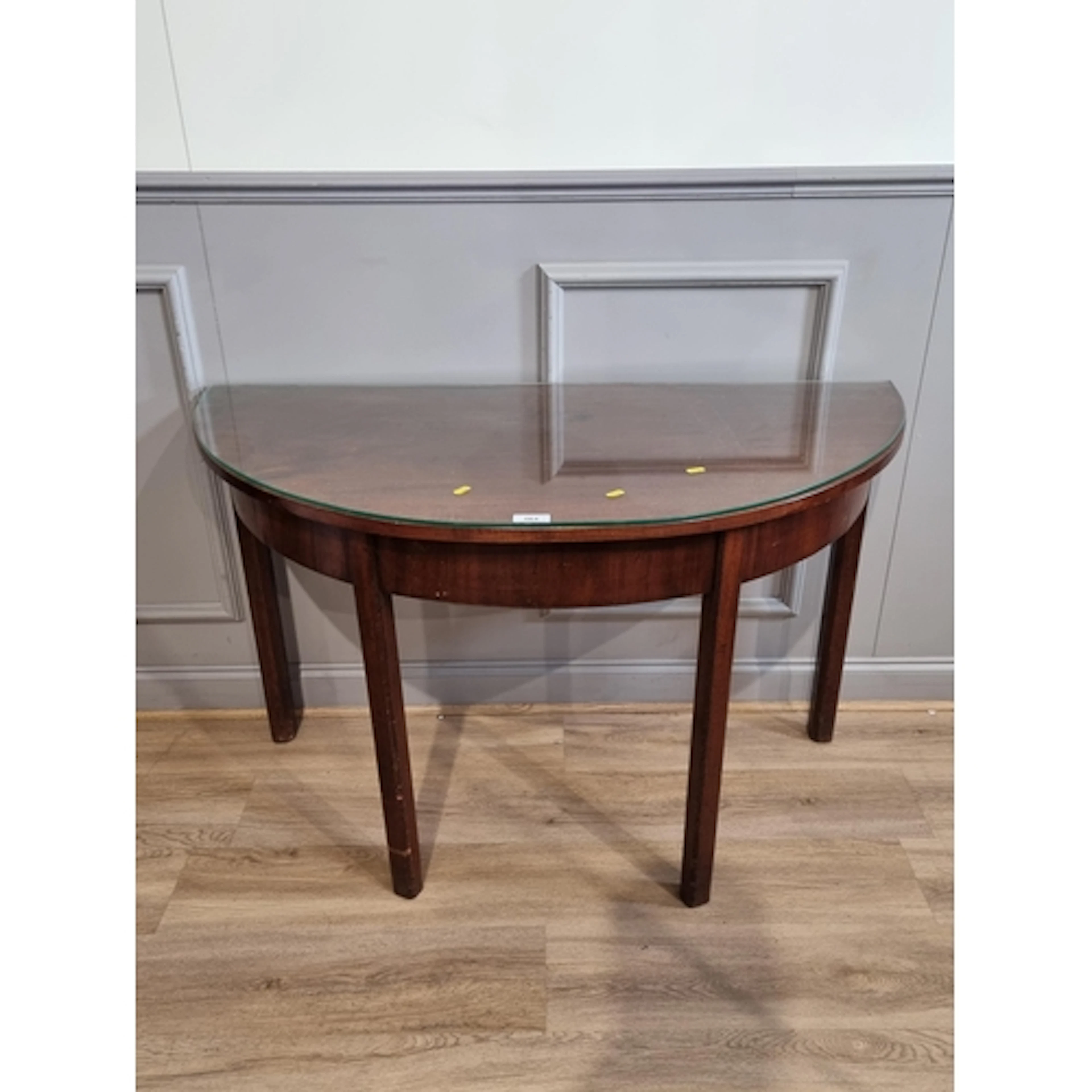 A mahogany glass topped Demi Lune Table, 2ft 5" H 4ft W 1ft ...