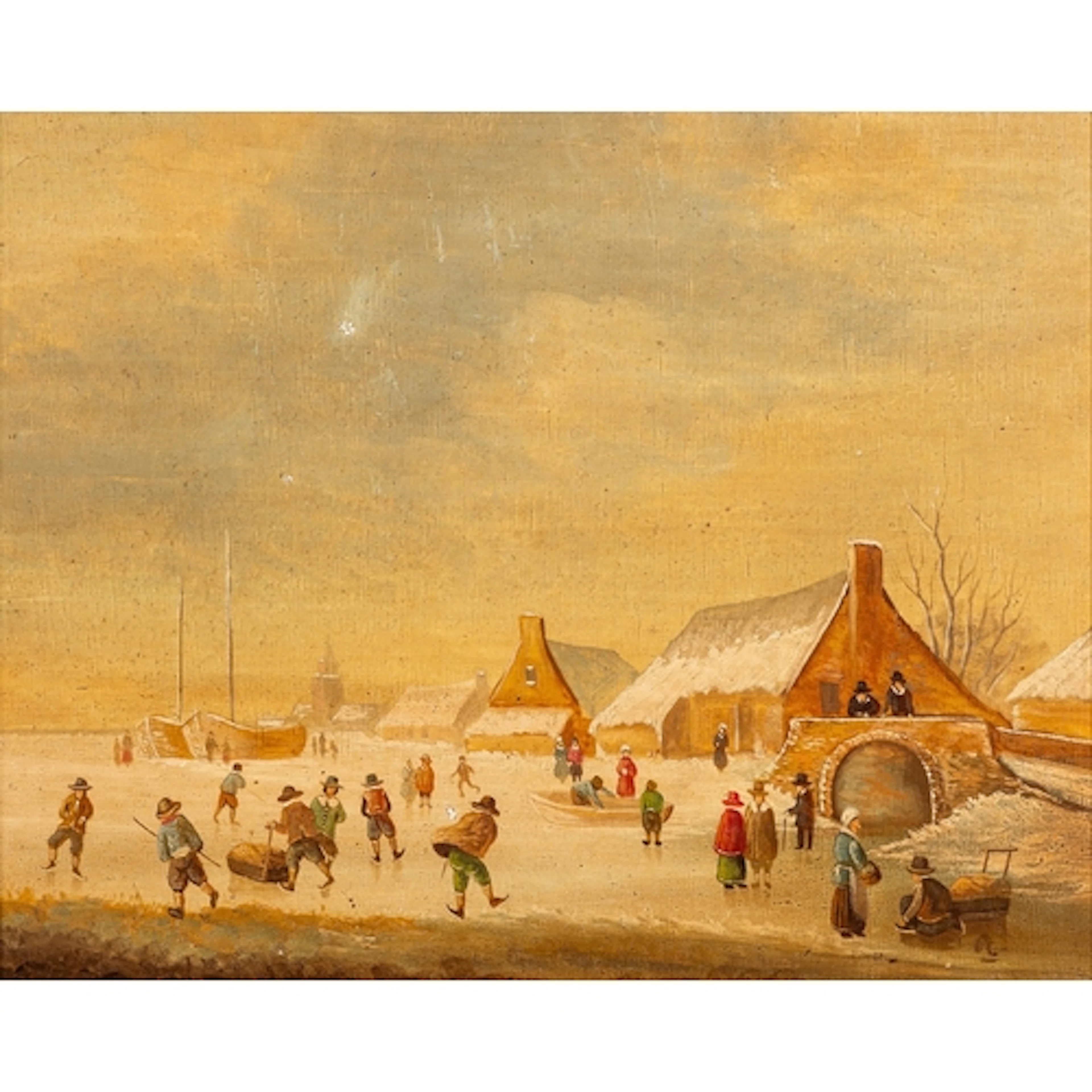 19th of 20th century Dutch school - Ice skaters on a river -...