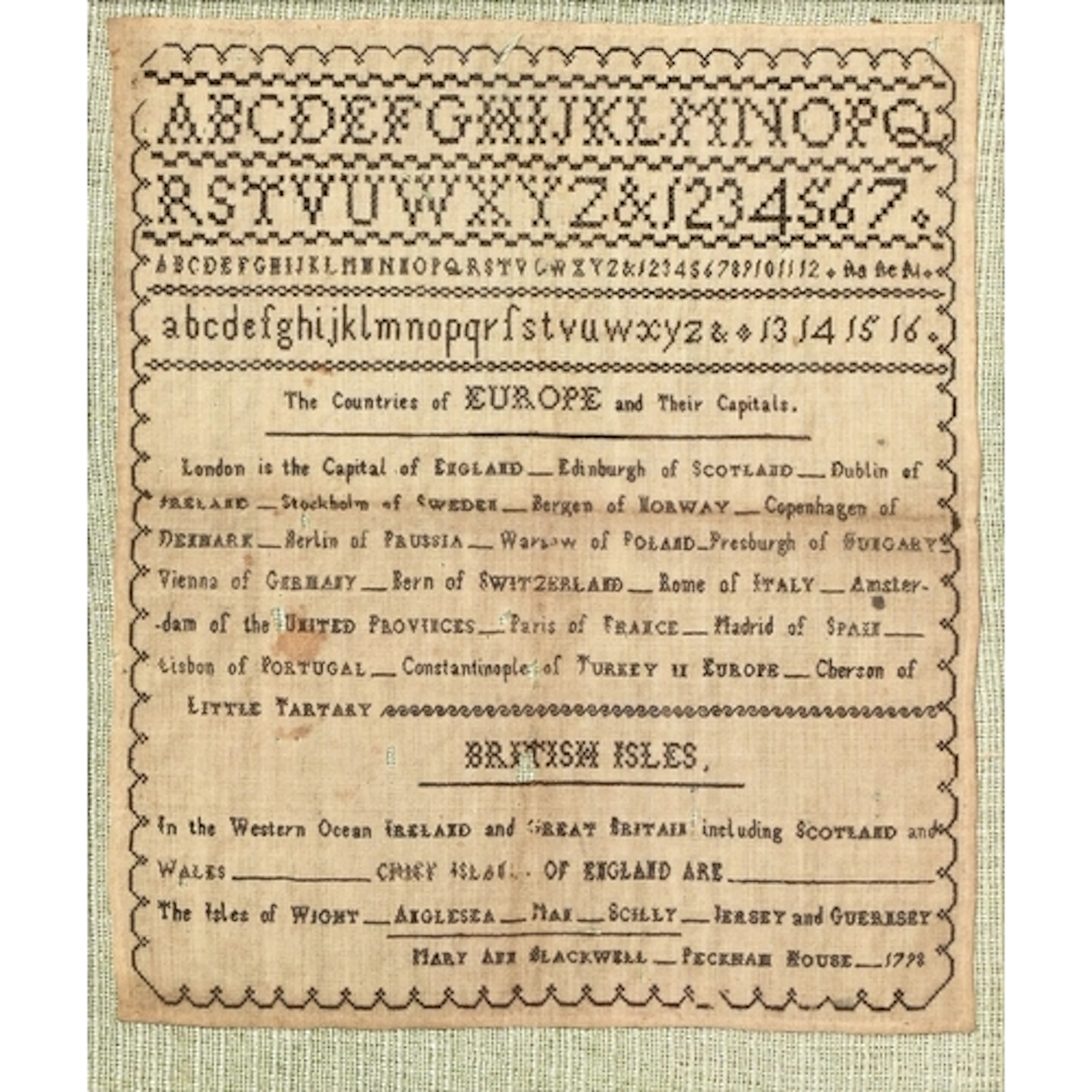 An unusual George III linen sampler, worked with the countri...
