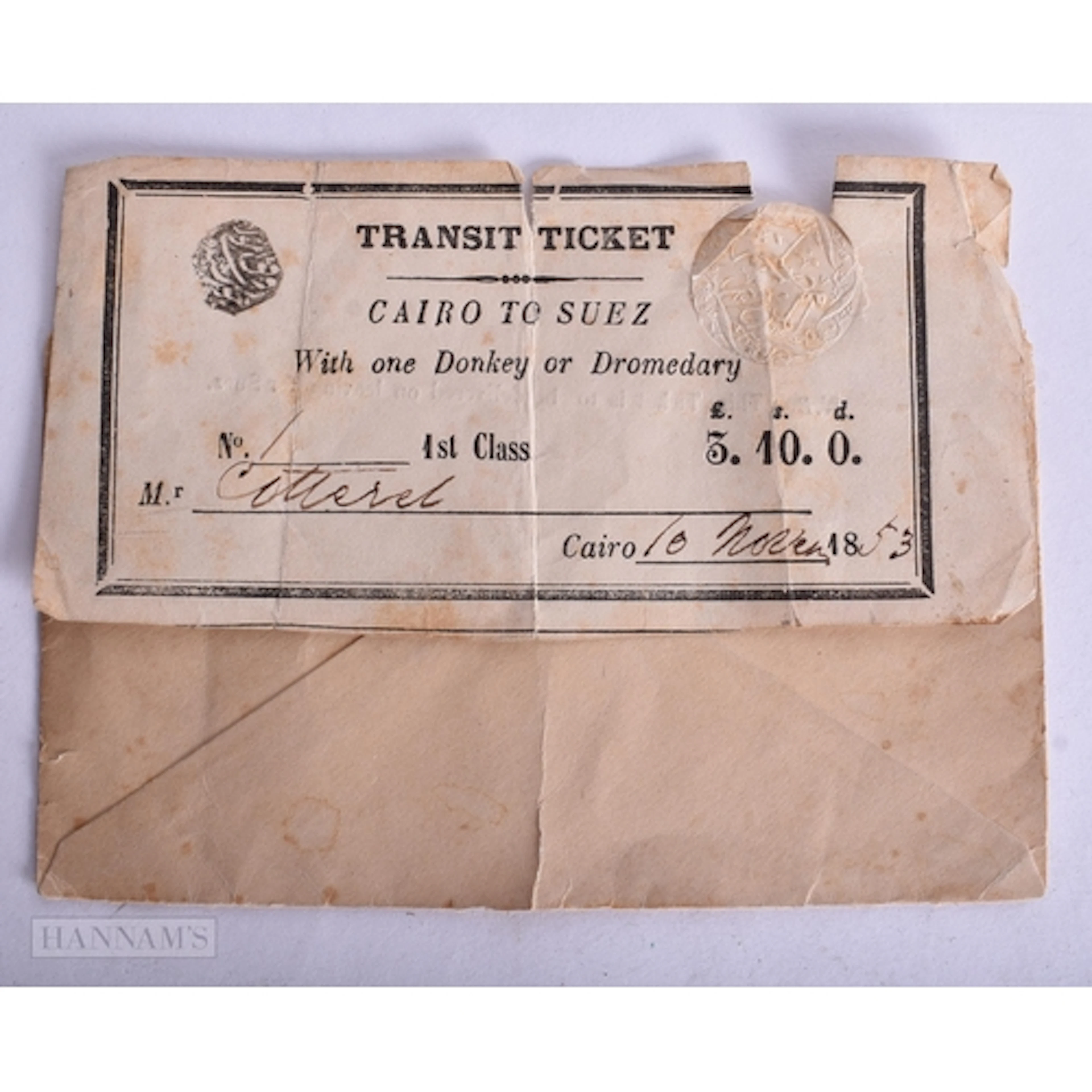 A RARE MID 19TH CENTURY CAIRO TO SUEZ TRANSIT TICKET C1853. ...
