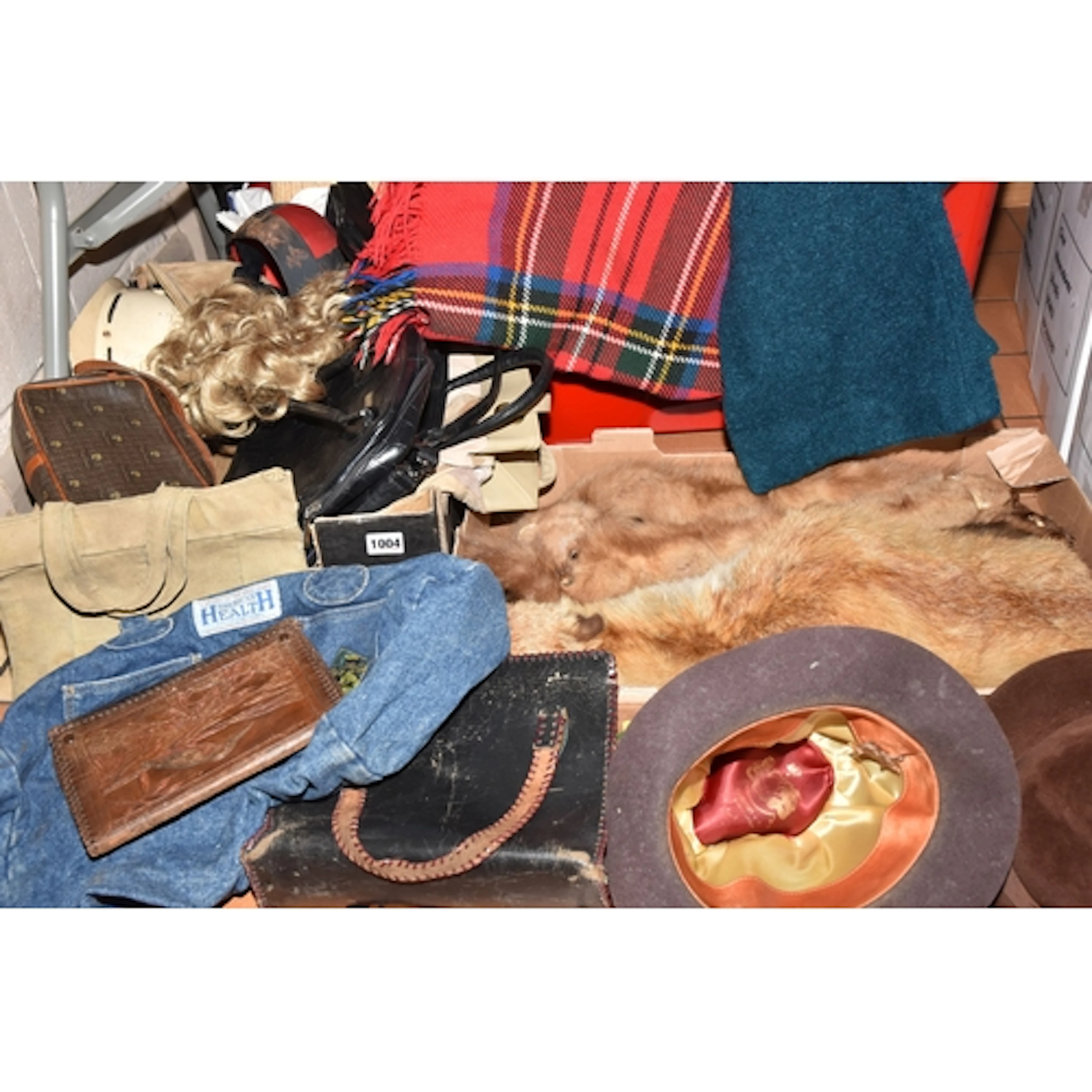 FOUR BOXES OF MISCELLANEOUS ITEMS, to include six tartan woo...