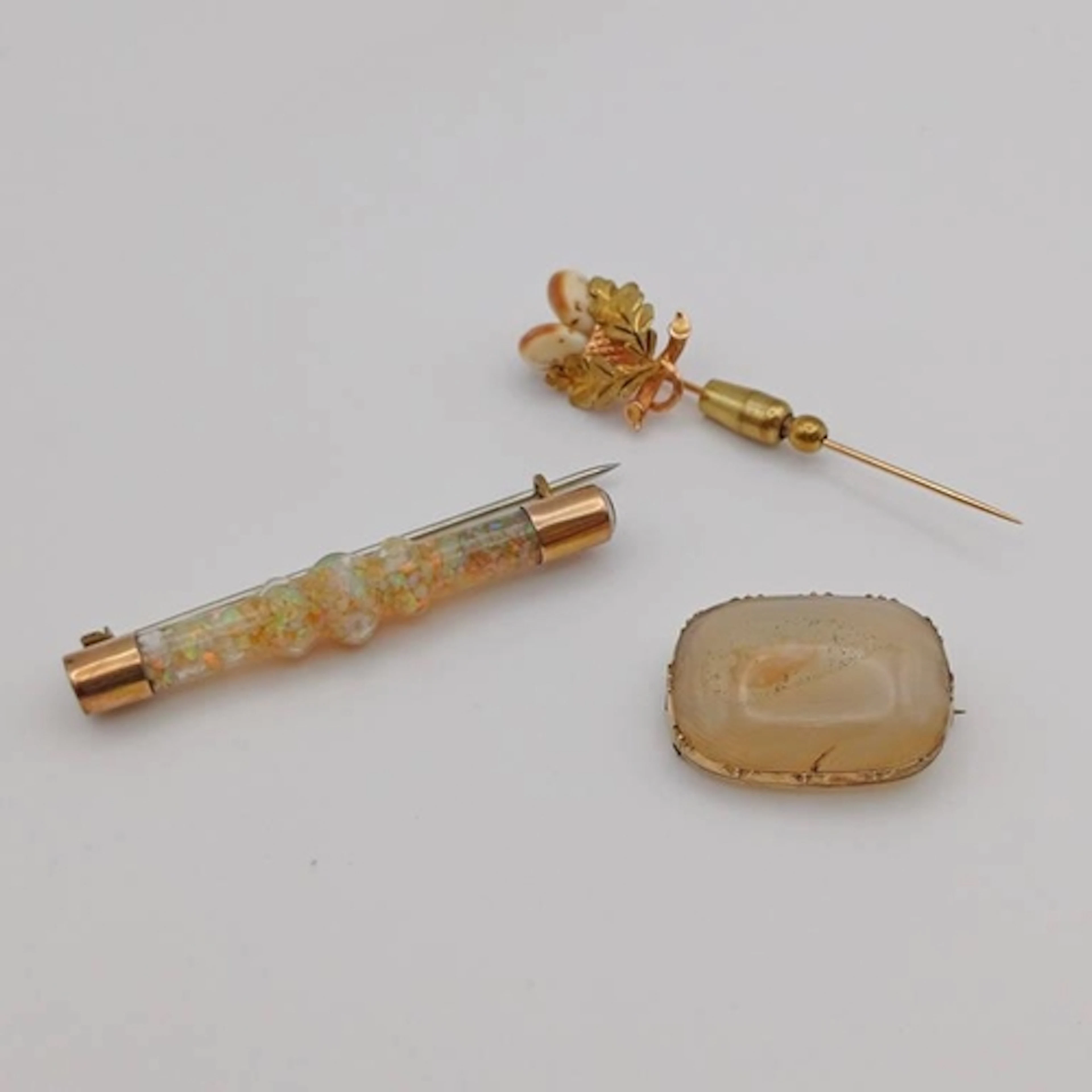 14K GOLD MOUNTED AGATE STICK PIN, VICTORIAN BANDED AGATE BRO...