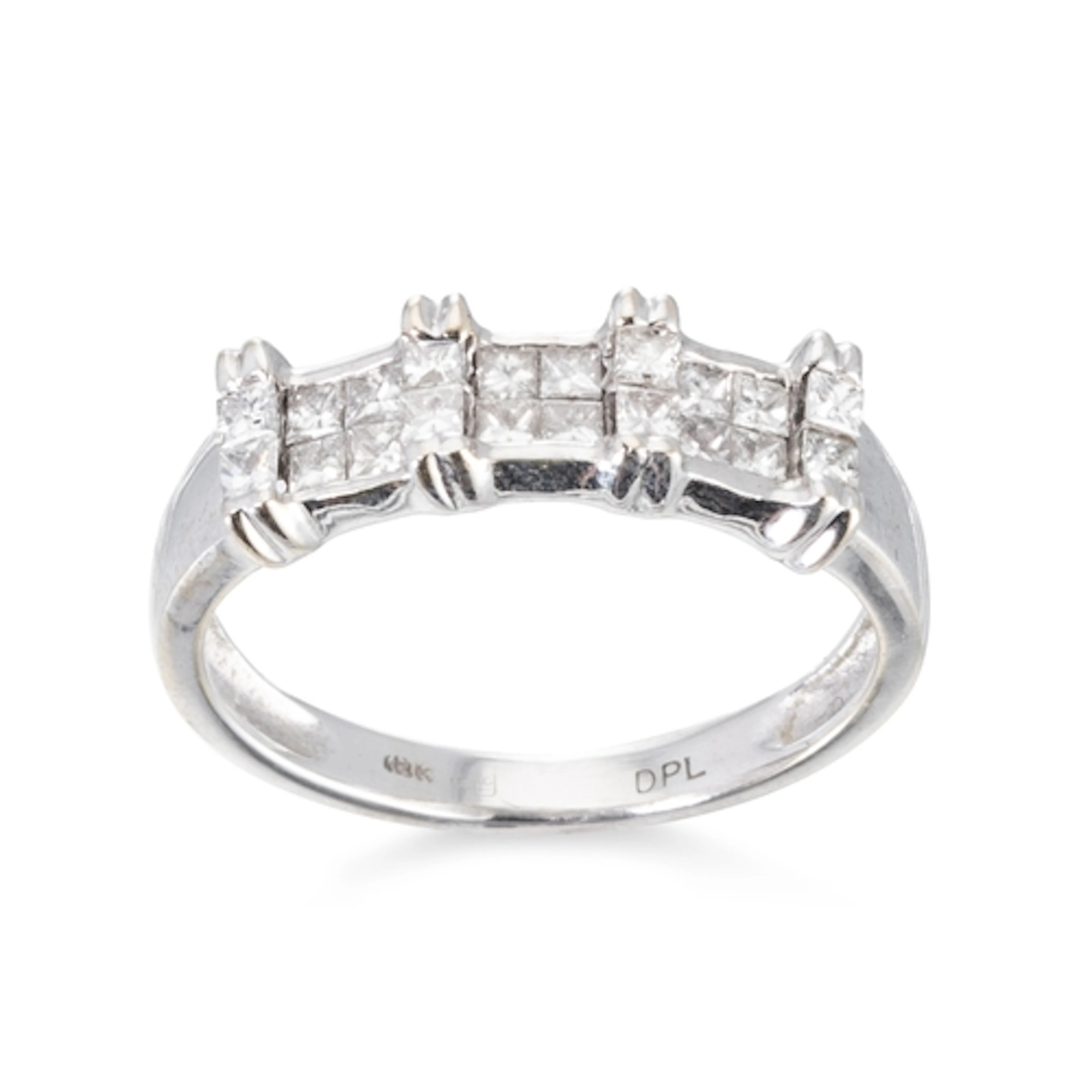 A DIAMOND SET BAND RING, set with two rows of princess cut d...