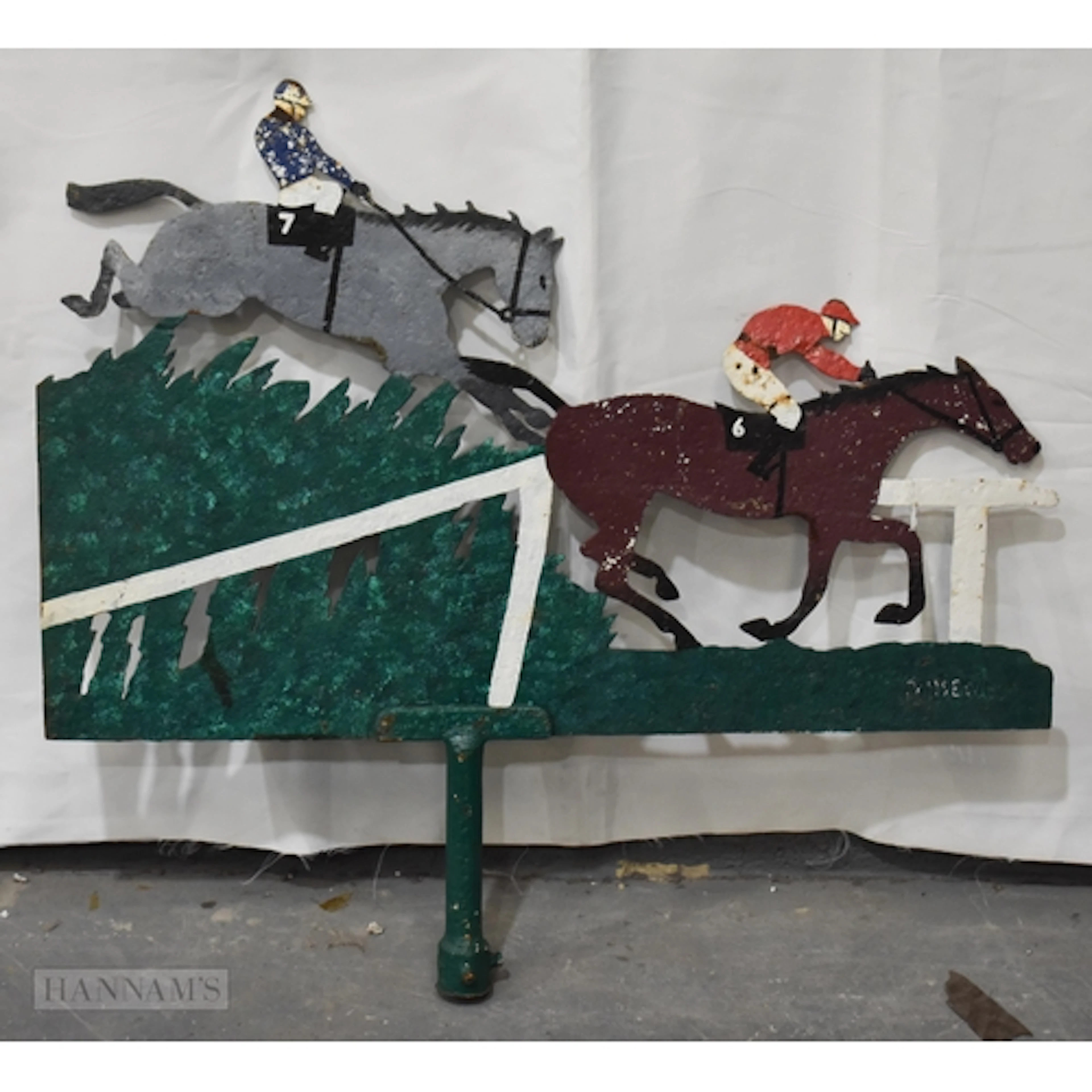 A FOLK ART PAINTED HORSE RACING ALLOY MOUNT. 98 cm x 78 cm.