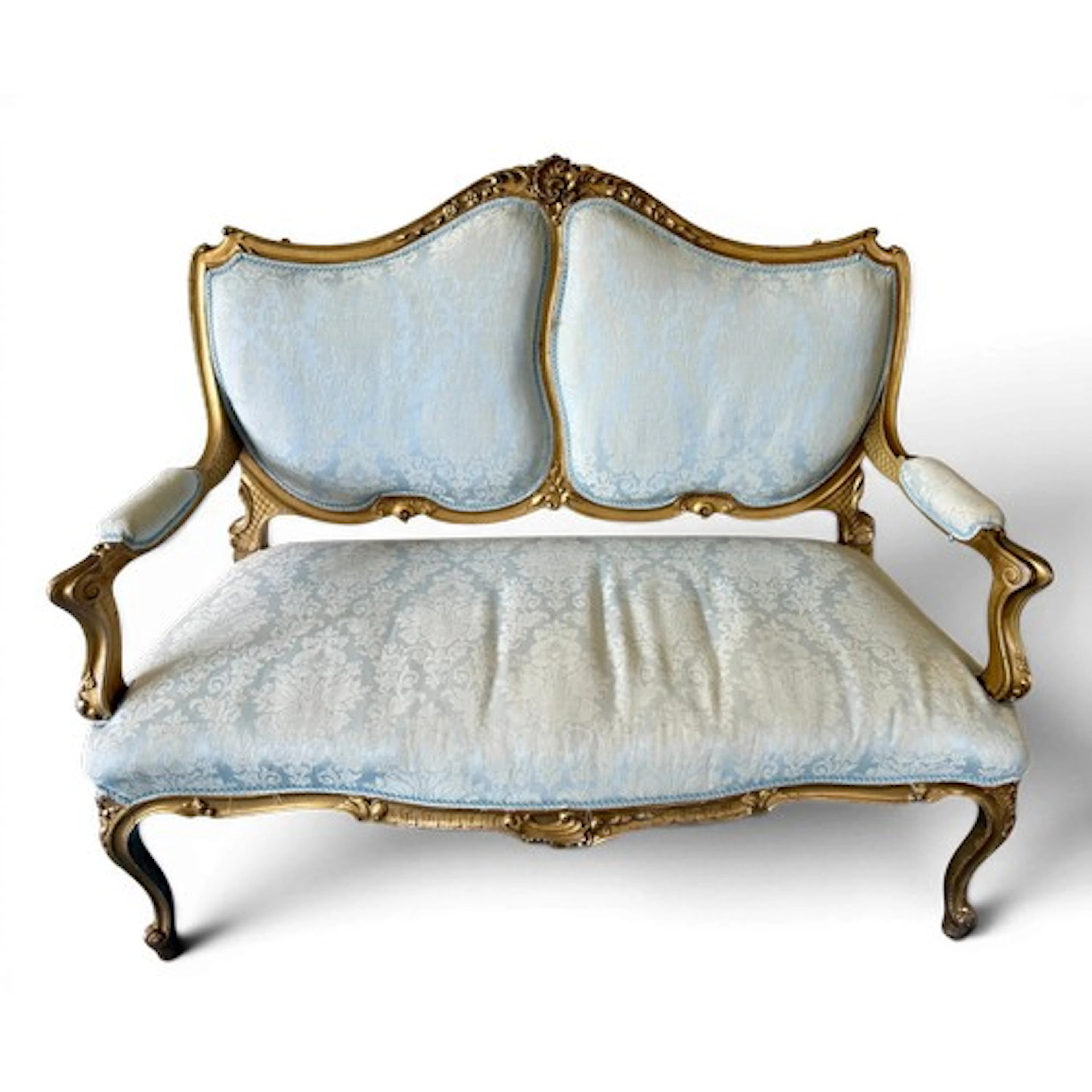 A gilt framed 2 seater sofa on cabriole legs. 128cm x 104cm ...