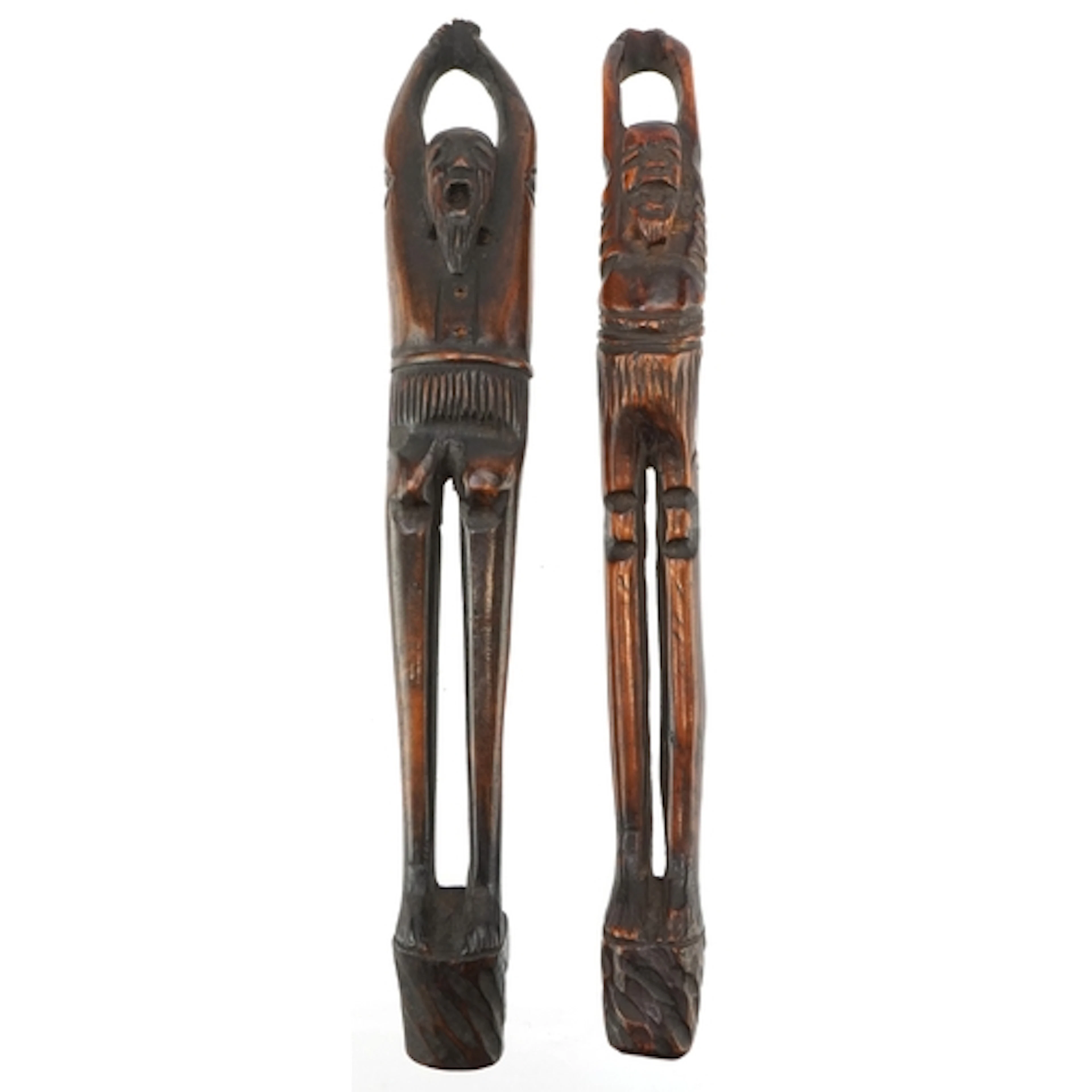 Two Japanese Sagemono netsuke pipe holders, each in the form...