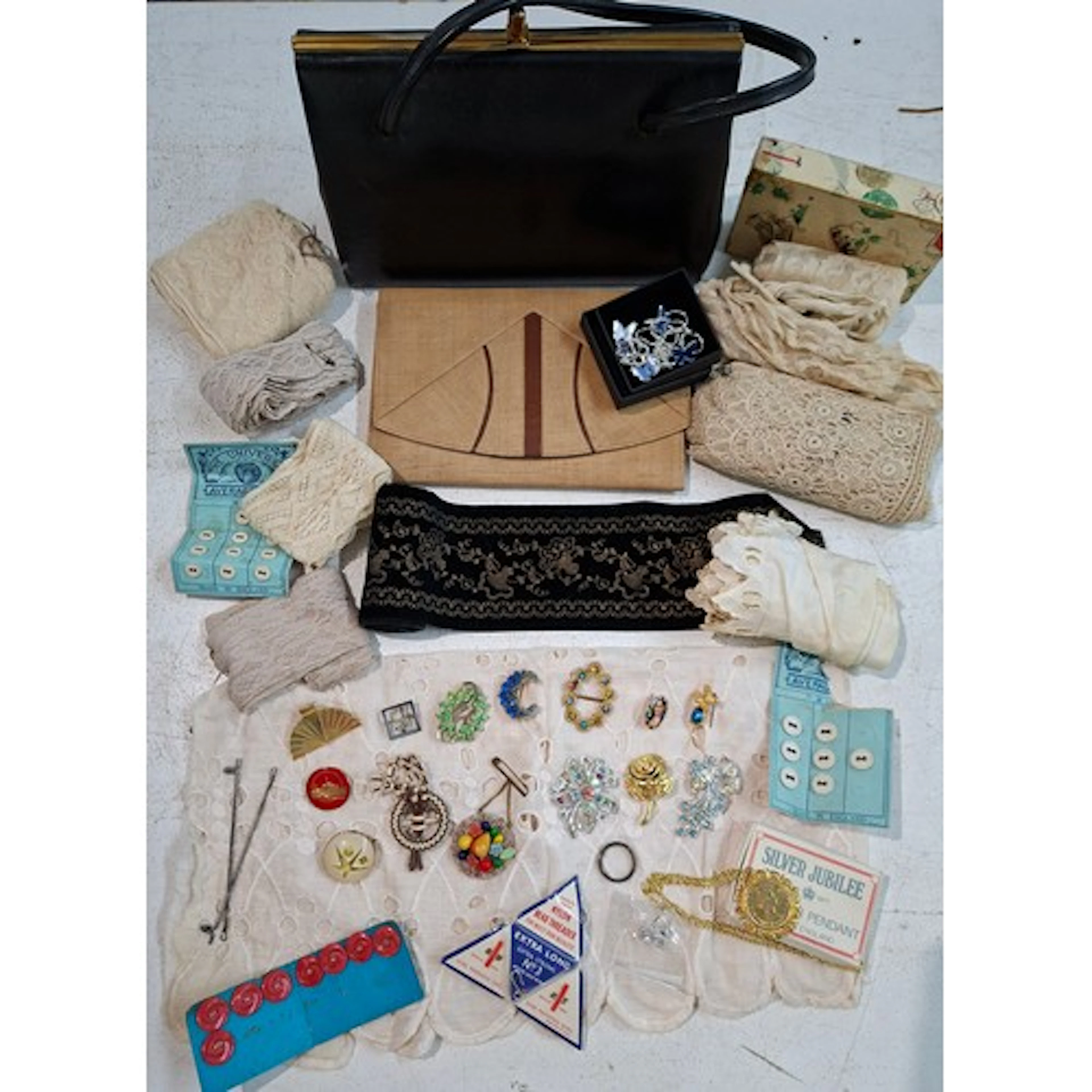 Fashion accessories to include vintage lace, vintage brooche...